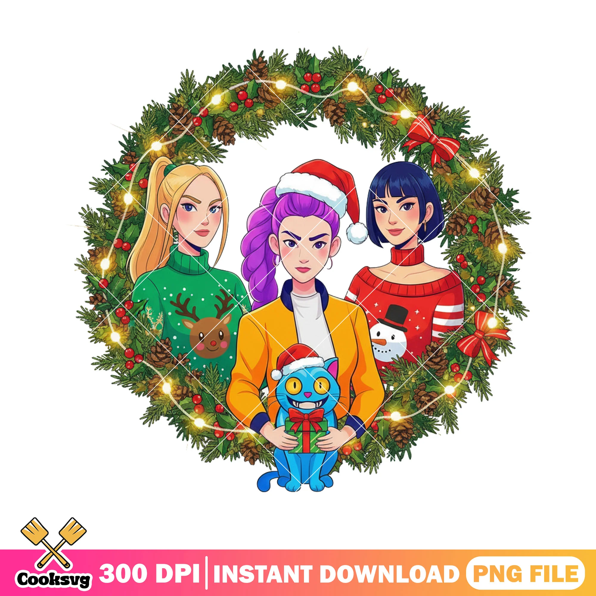 Huntrix christmas png, kpop demon hunter png, christmas sweater png
