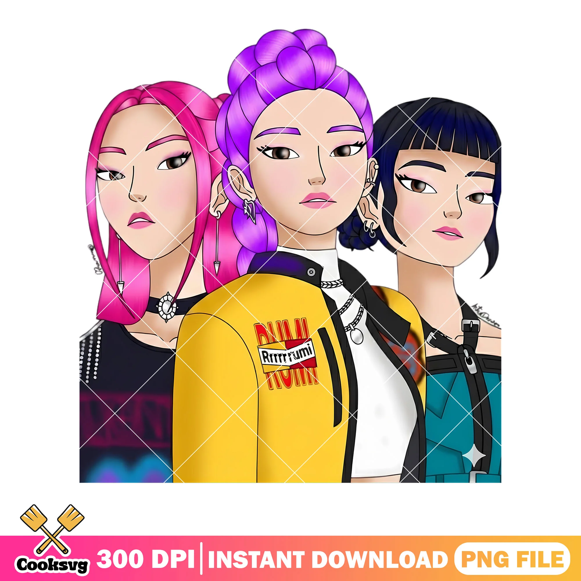 Huntrix girls 2d logo kpop png, rumi art kpop png, oficial members png