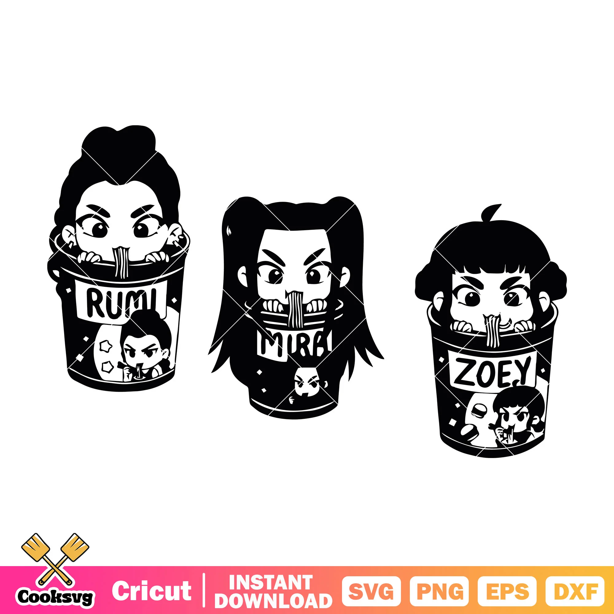 Huntrix head eating ramen svg, huntrix ramyeon svg, huntrix chibi svg
