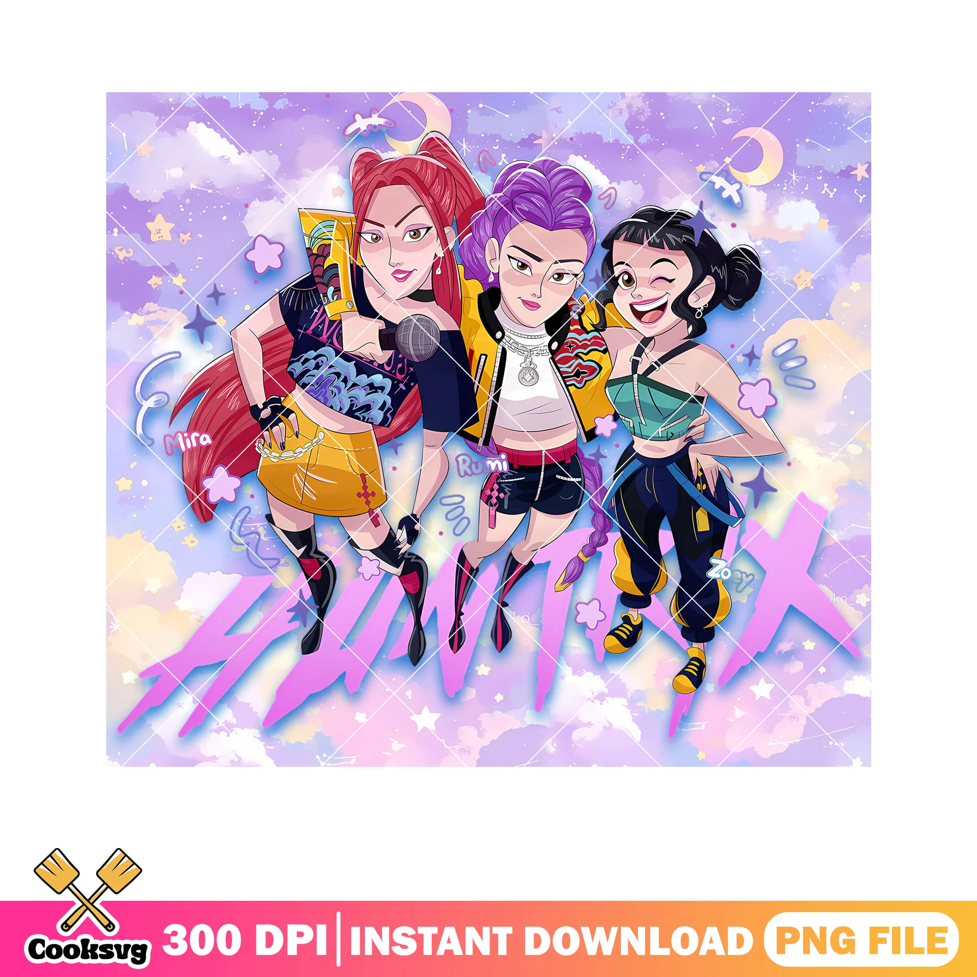 Huntrix kpop girls anime png, anime huntrix poster png, mira rumi png