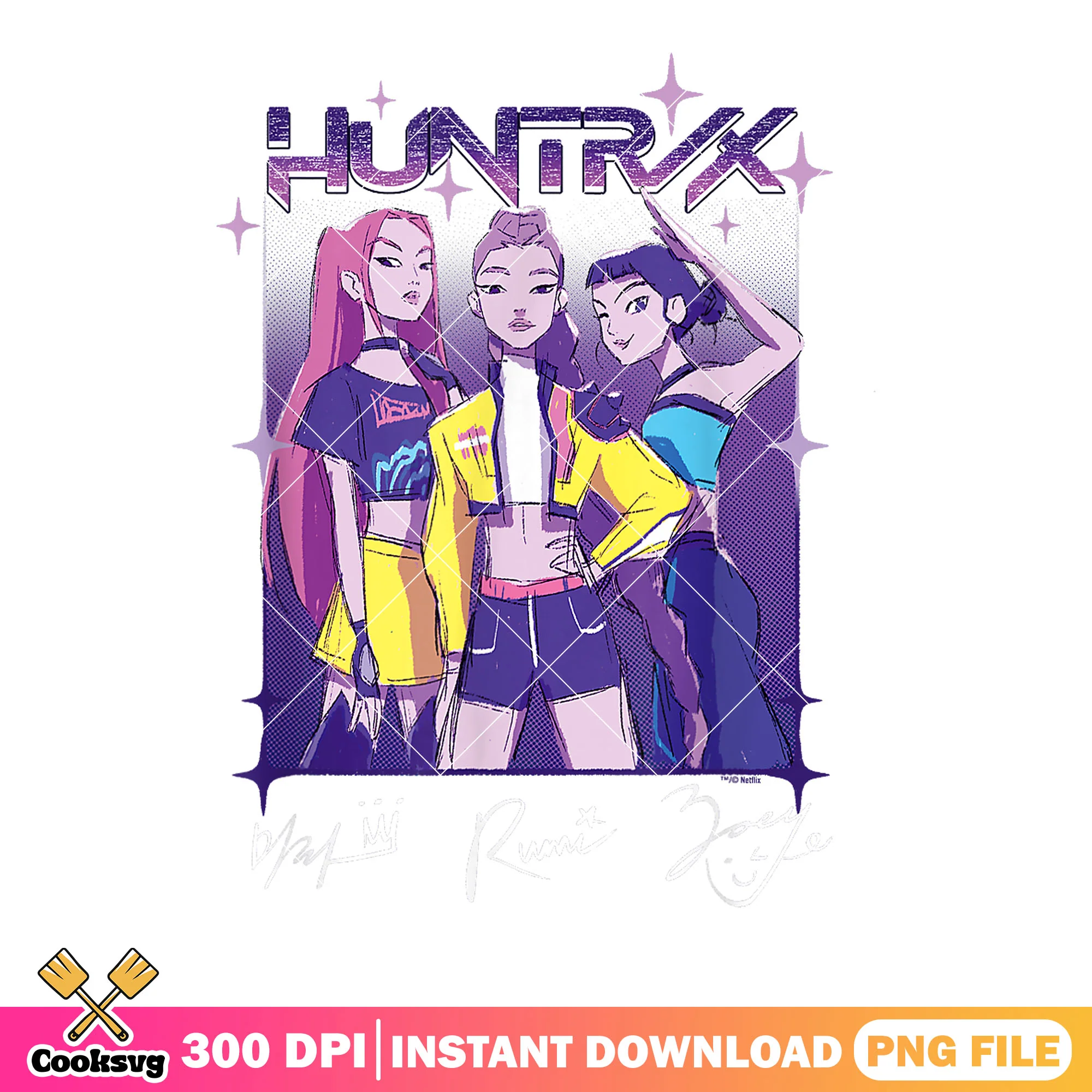 Huntrix team photo sign png, mira huntrix png, rumi huntrix png