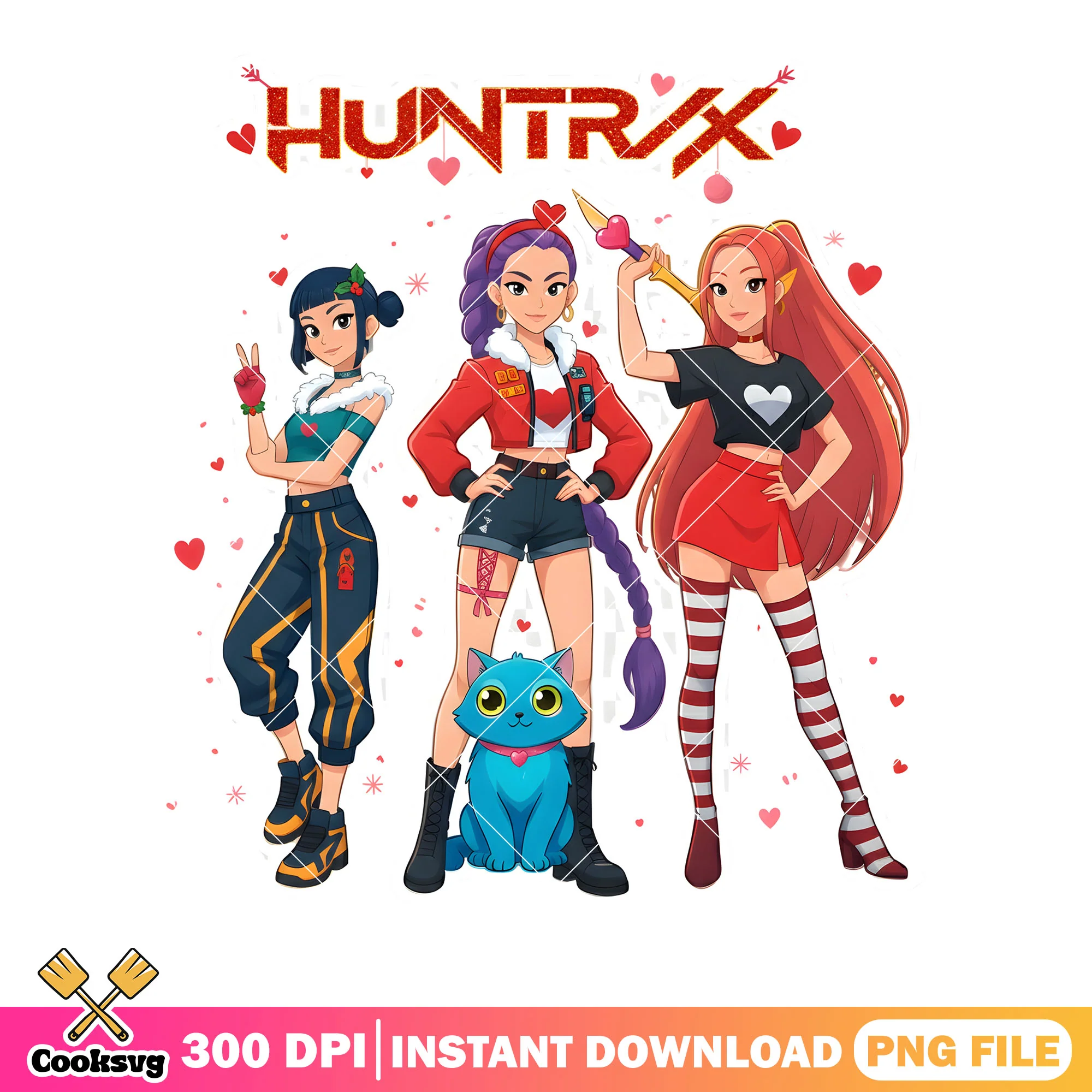 Huntrix valentines sticker png, huntrix girls png, derpy tiger png