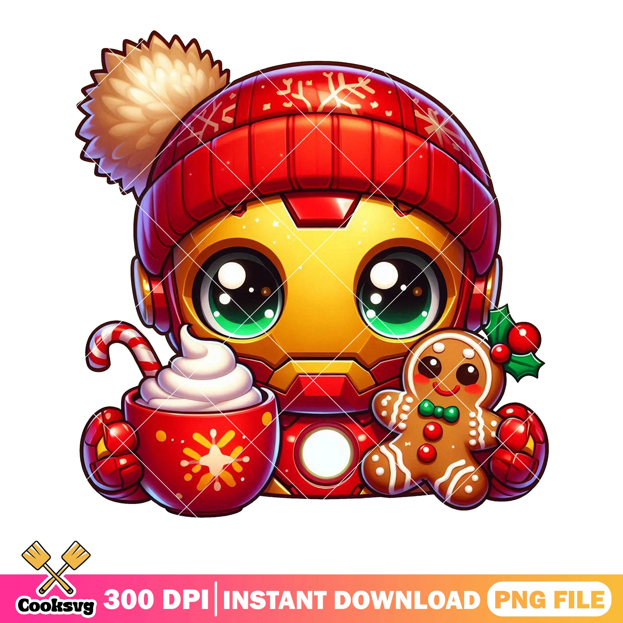 Iron man christmas ornament png, santa hat treat png, chibi card png