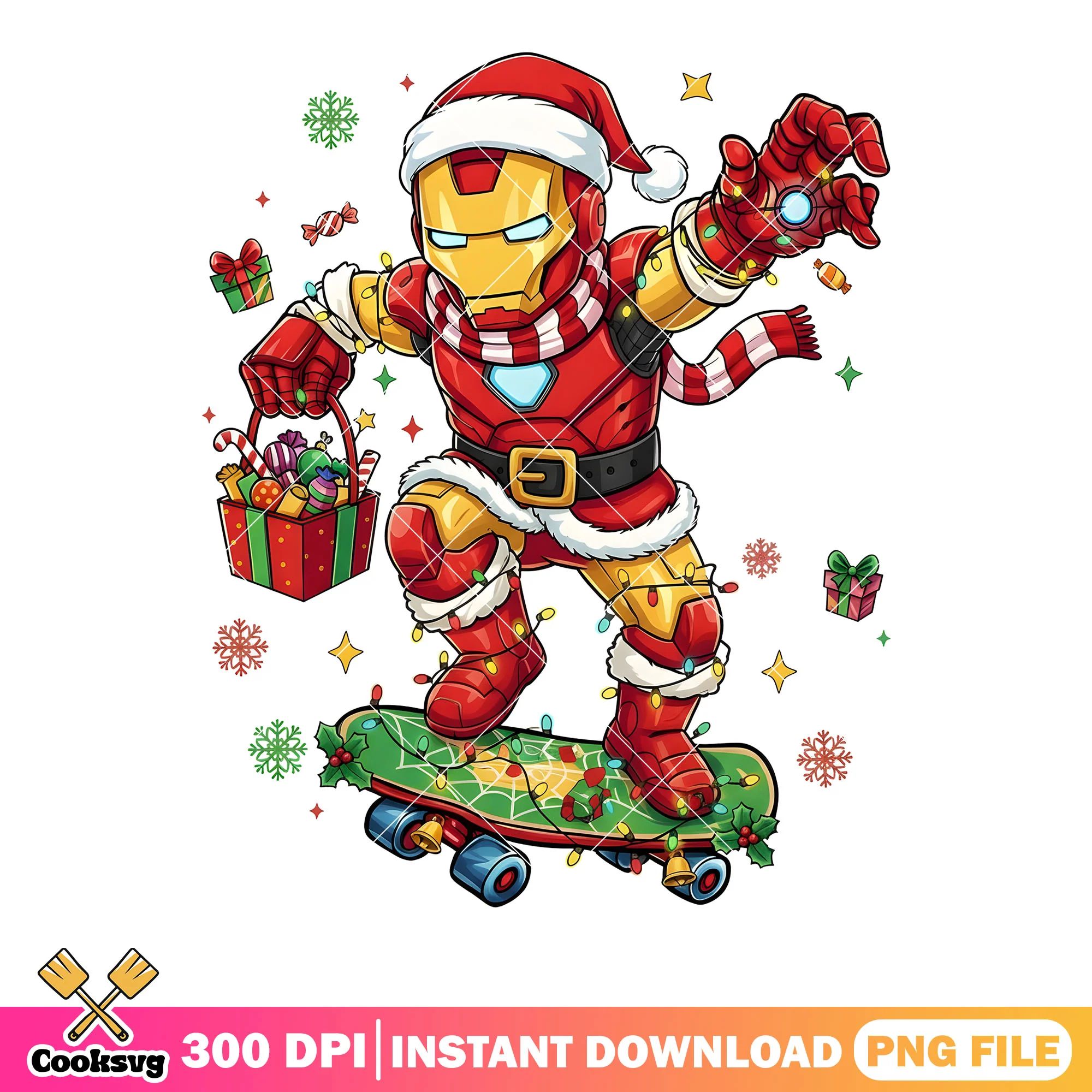 Iron man skateboard png, merry christmas png, christmas gift png
