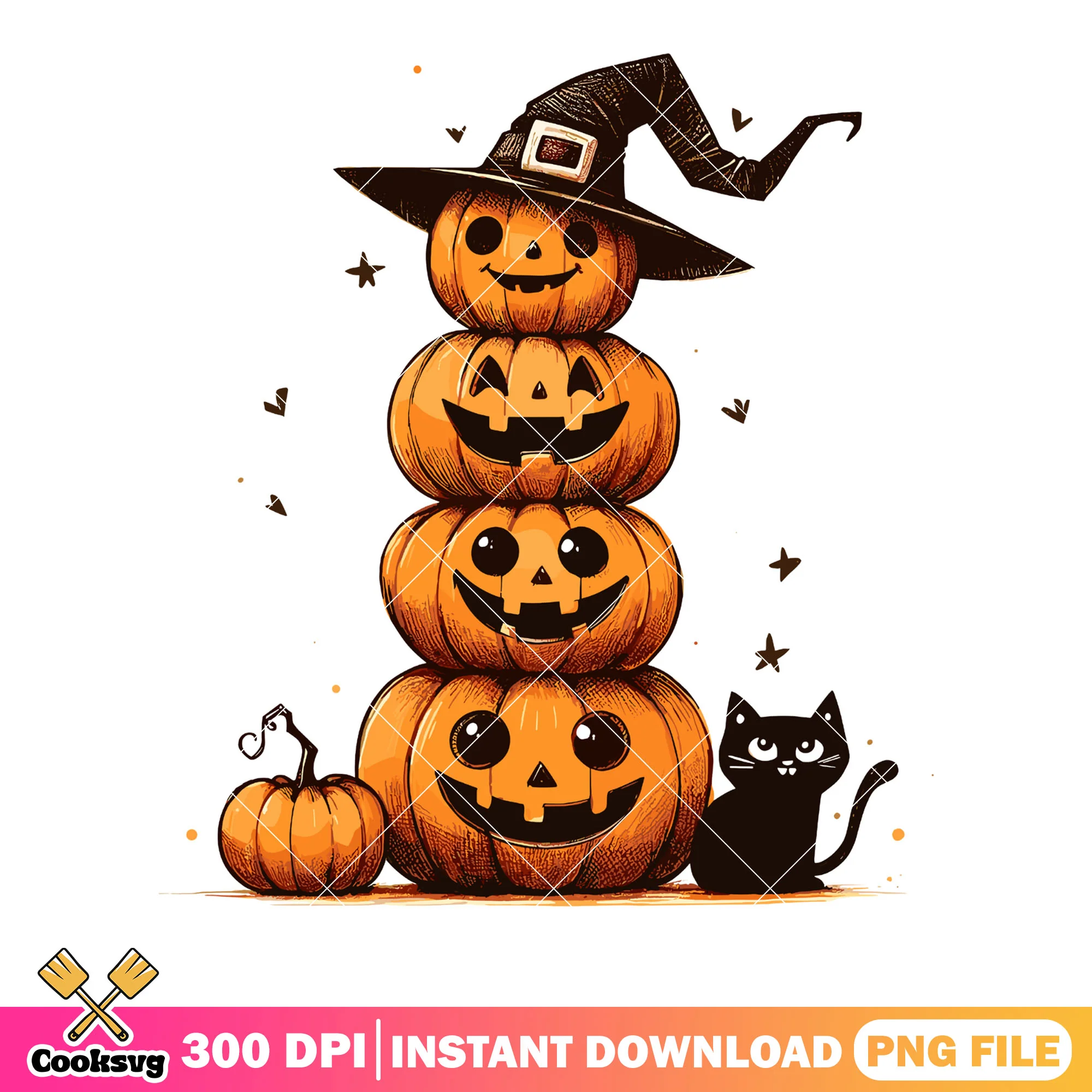 Jack o lantern black cat png, witches hat png, halloween scary png
