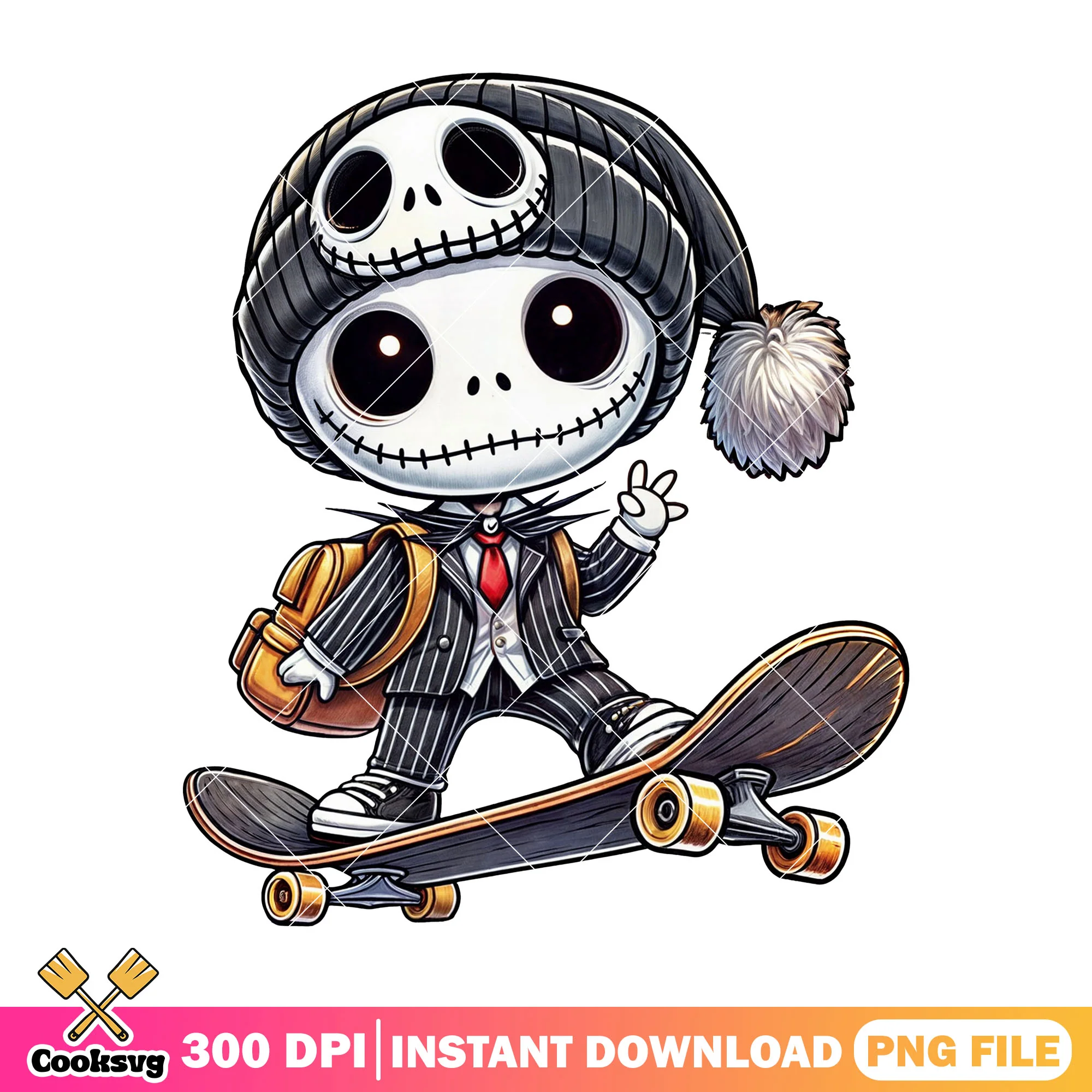 Jack skellington skateboarding png, black hat png, back to school png