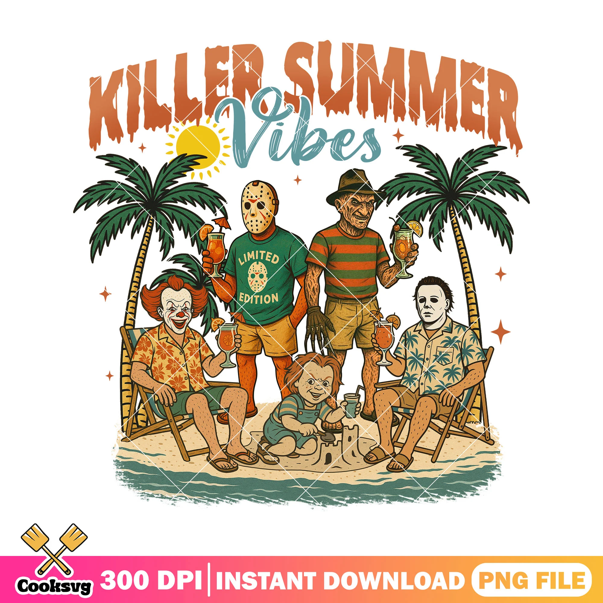 Killer summer vibes design png, halloween movie png, horror movie png
