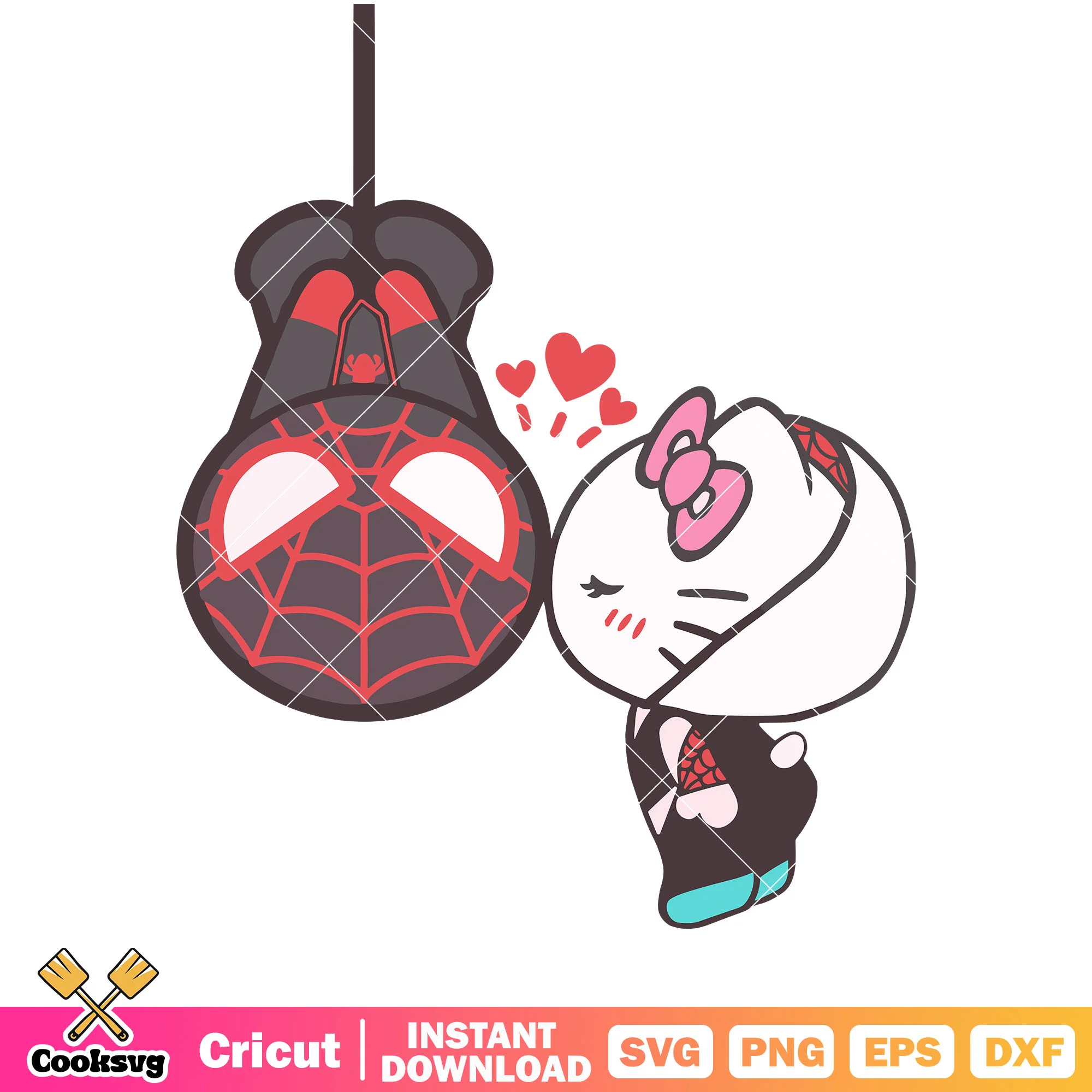 Kitty kissing spider man black svg, hello kitty svg, sanrio svg