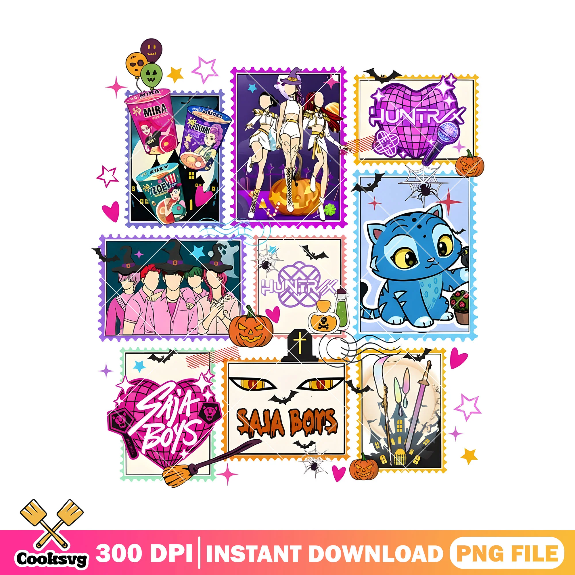 Kpop band boys png, purple hearts png, spooky balloon png