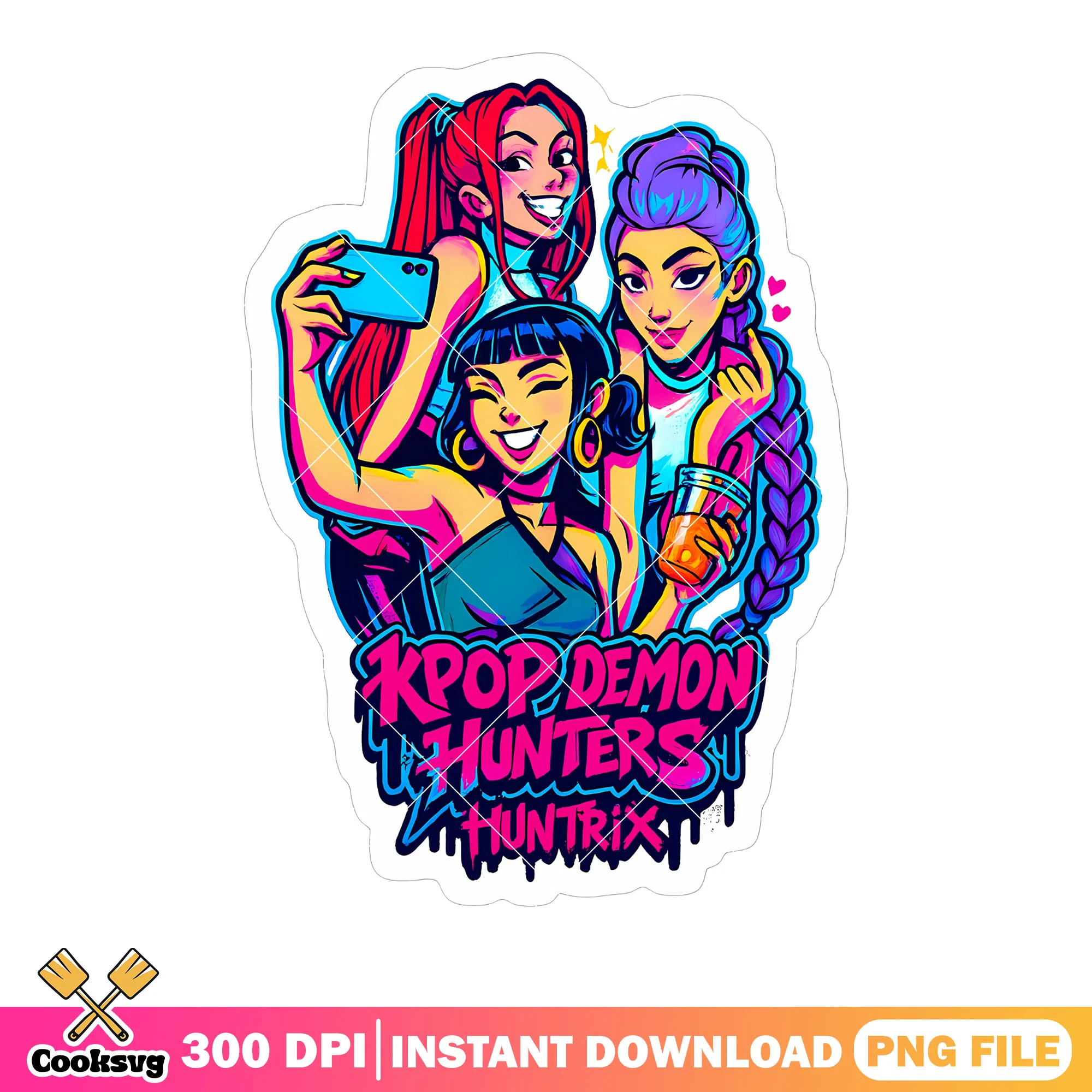Kpop demon huntrix png, girls selfie png, anime poster girls png