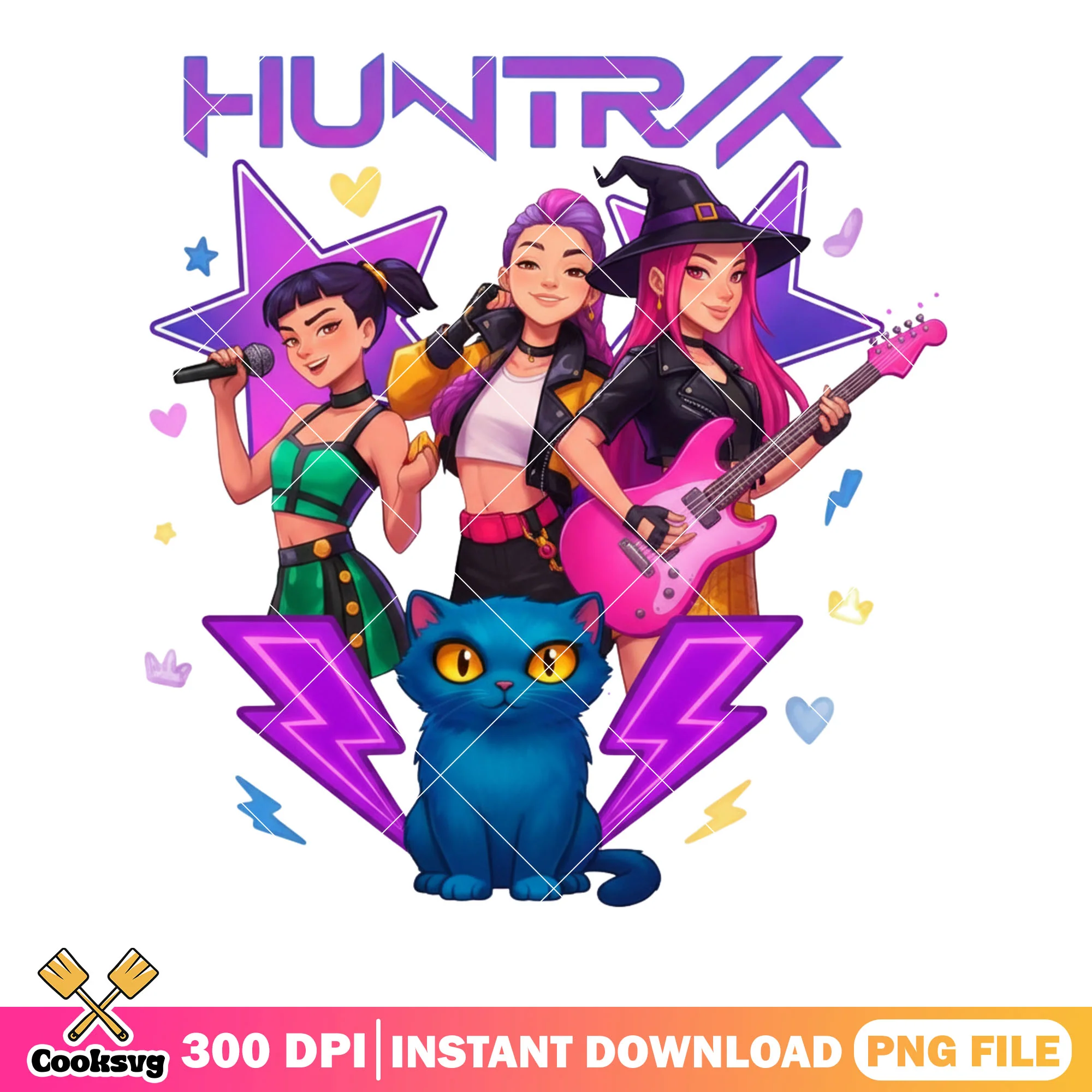 Kpop girls group pose png, anime band girls png, mascot cat png