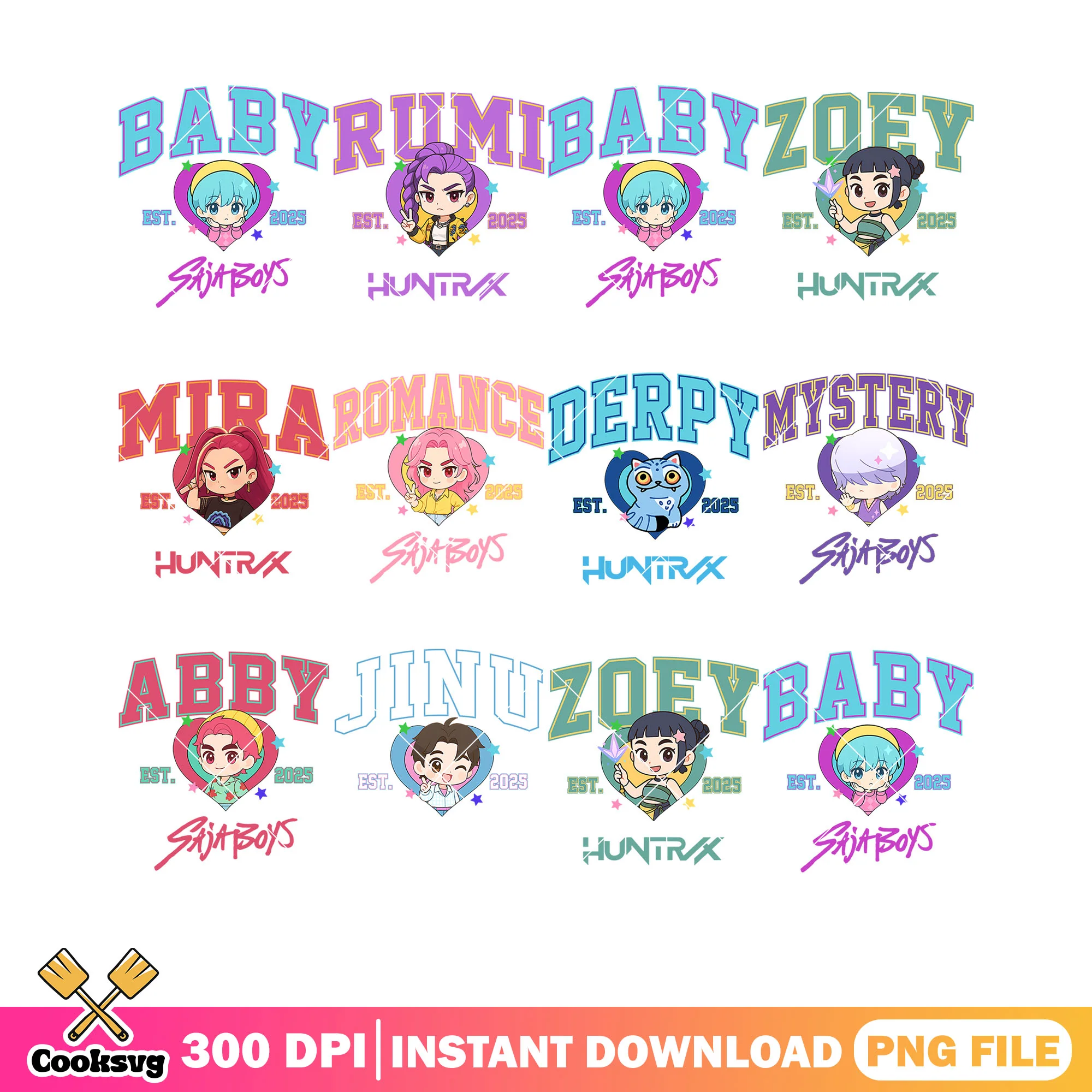 Kpop hunters est 2025 bundle png, cute kpop chibi png, kpop hunters png