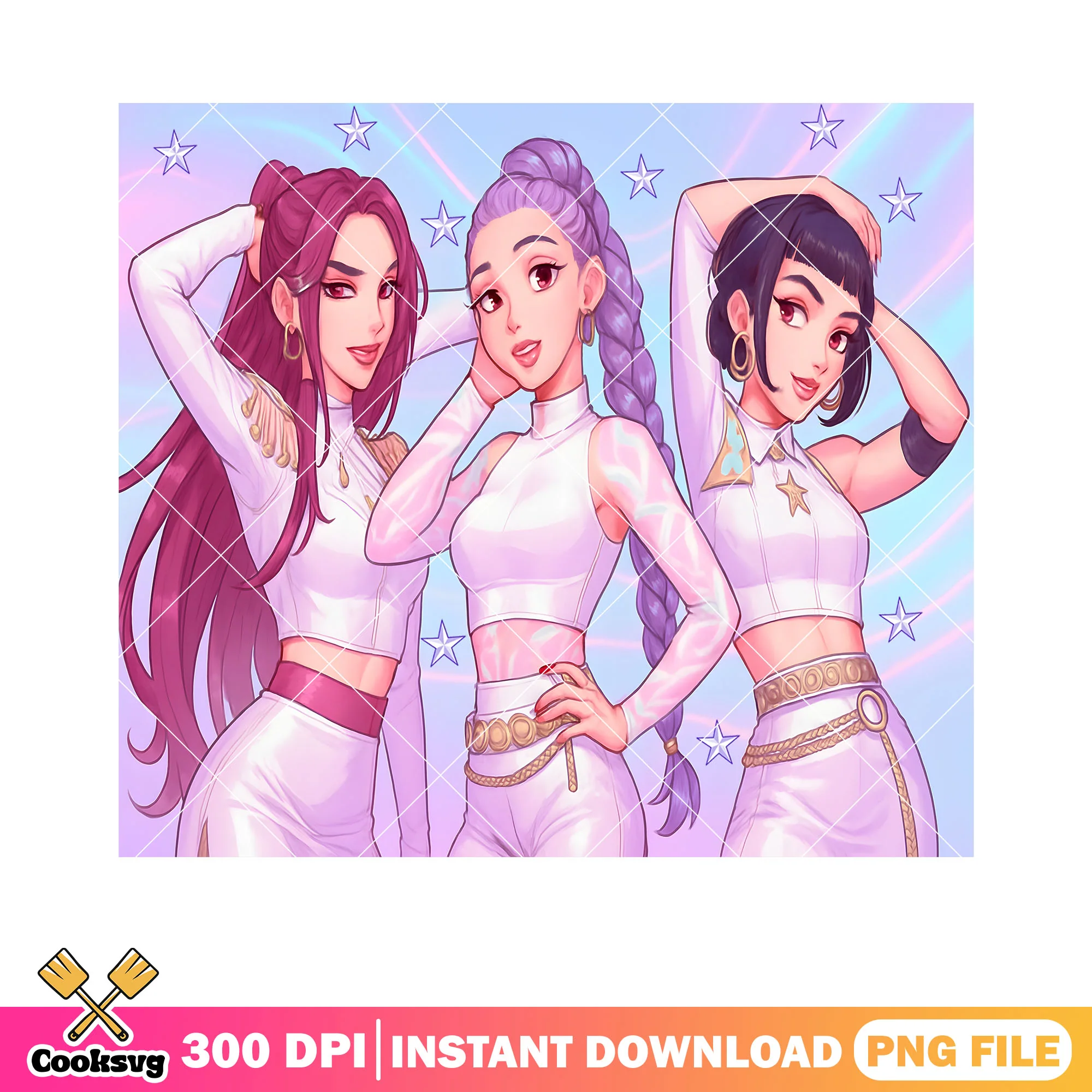 Kpop huntrix girls white png, girls pose png, anime huntrix white png