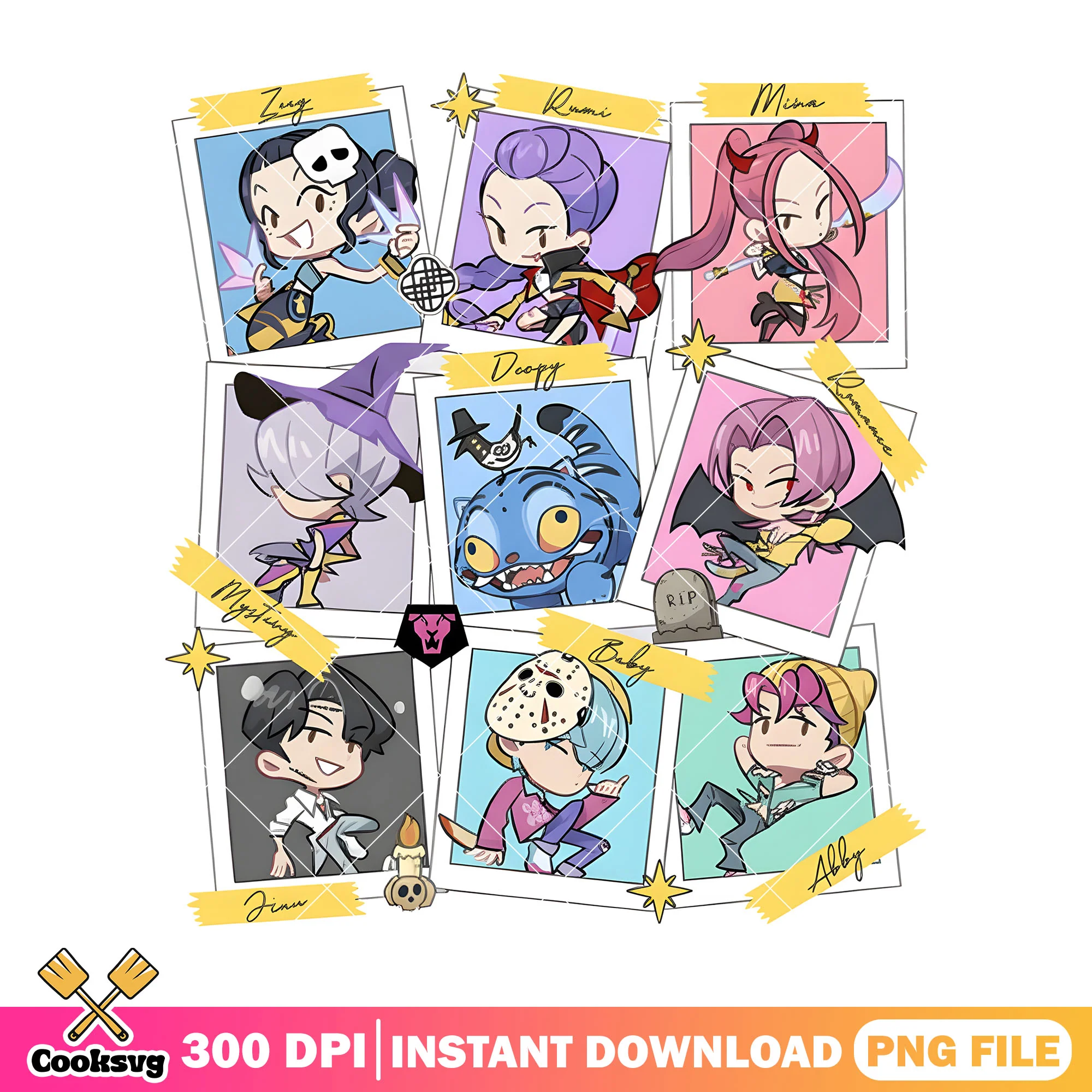Kpop team chibi vibes png, huntrix girl png, saja boy png