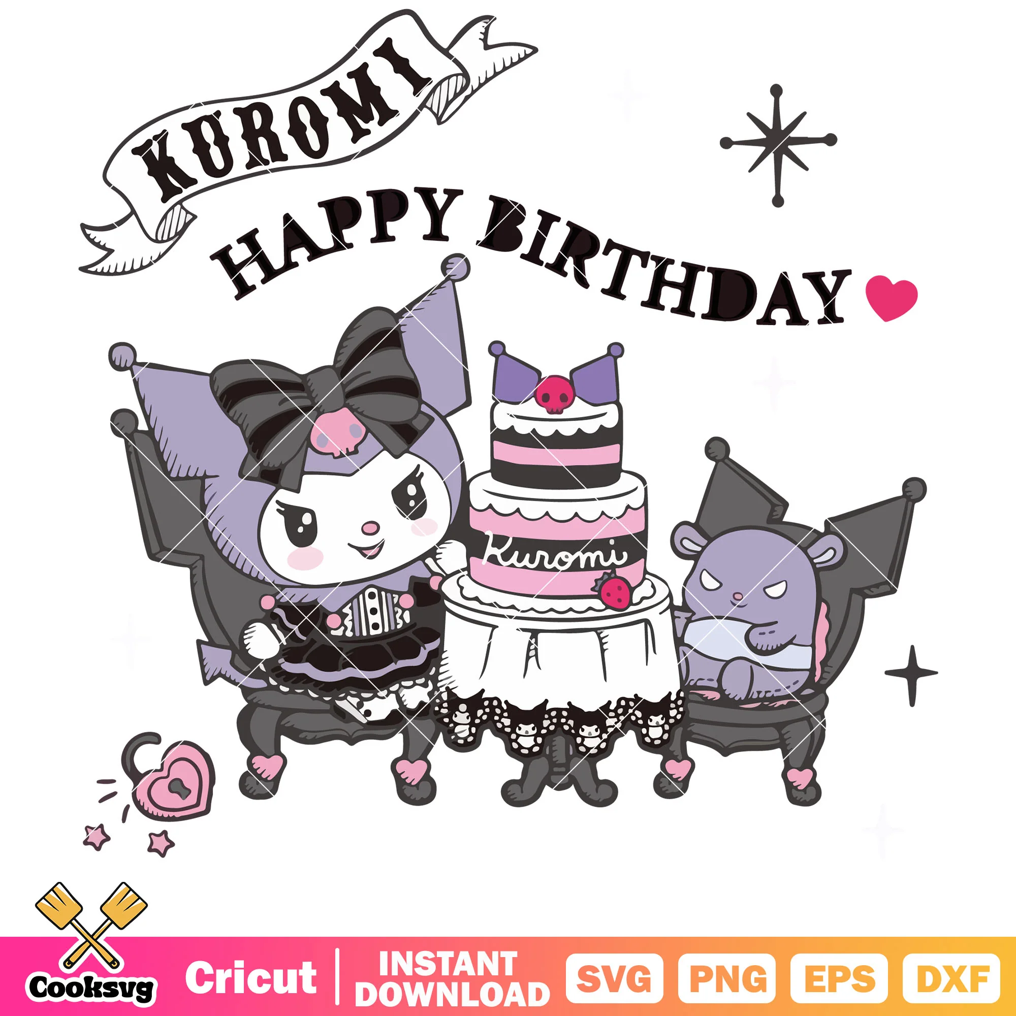 Kuromi happy birthday svg, hello kitty svg, kuromi and baku svg