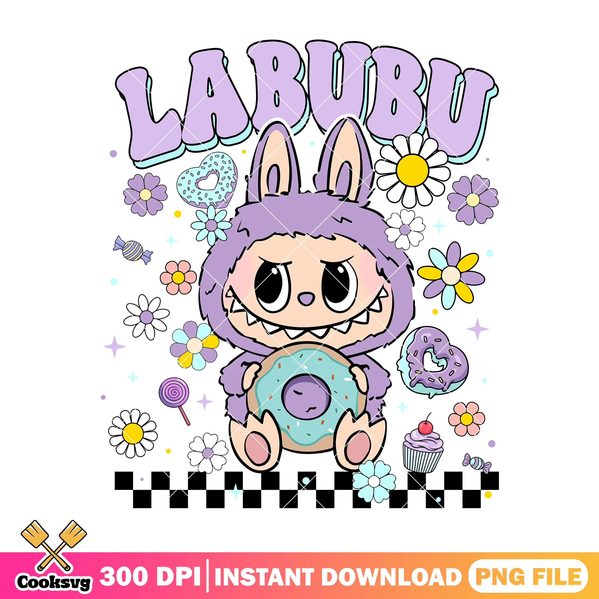 Labubu and a donut png, purple labubu png, labubu monster png