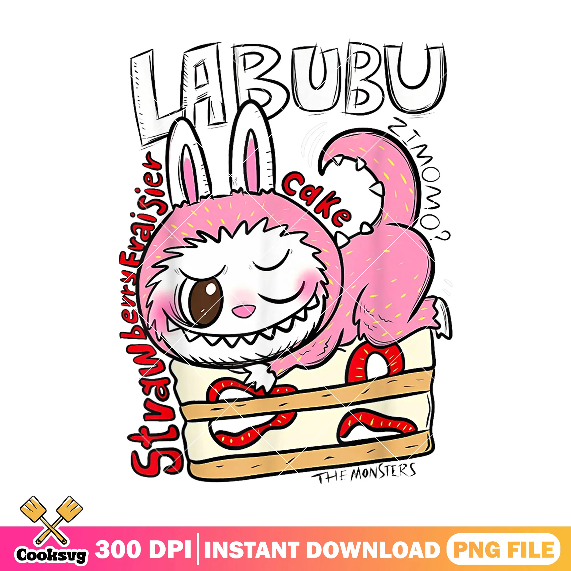Labubu and strawberry cake png, labubu monster png, strawberry cake png