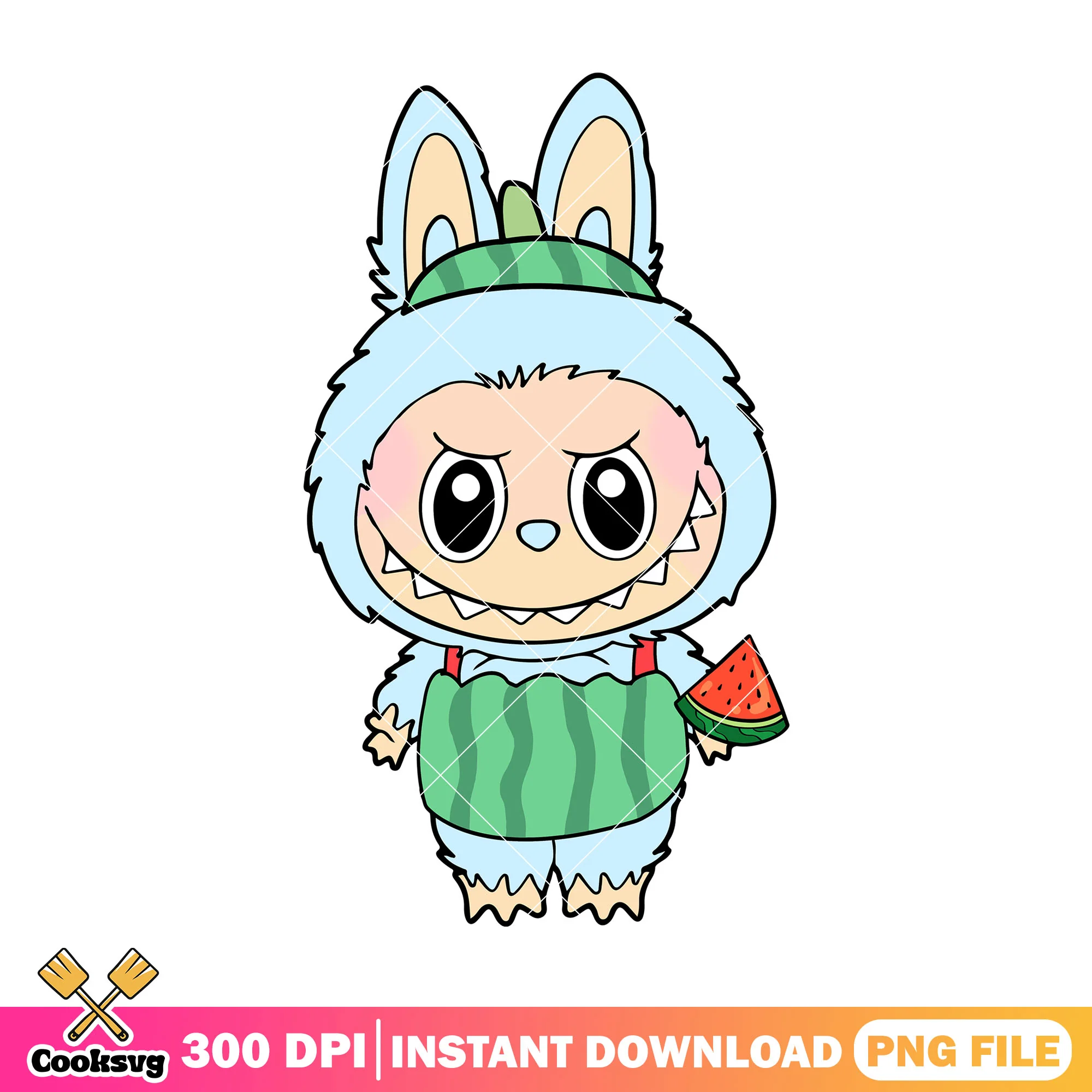 Labubu and watermelon outfit png, plush labubu png, labubu hehe png