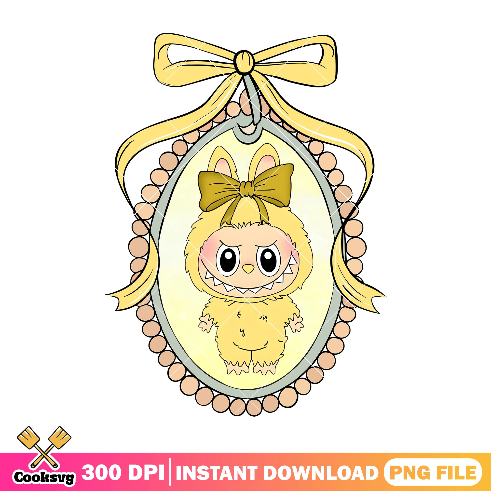 Labubu baby in oval frame png, labubu yellow png, labubu plush png