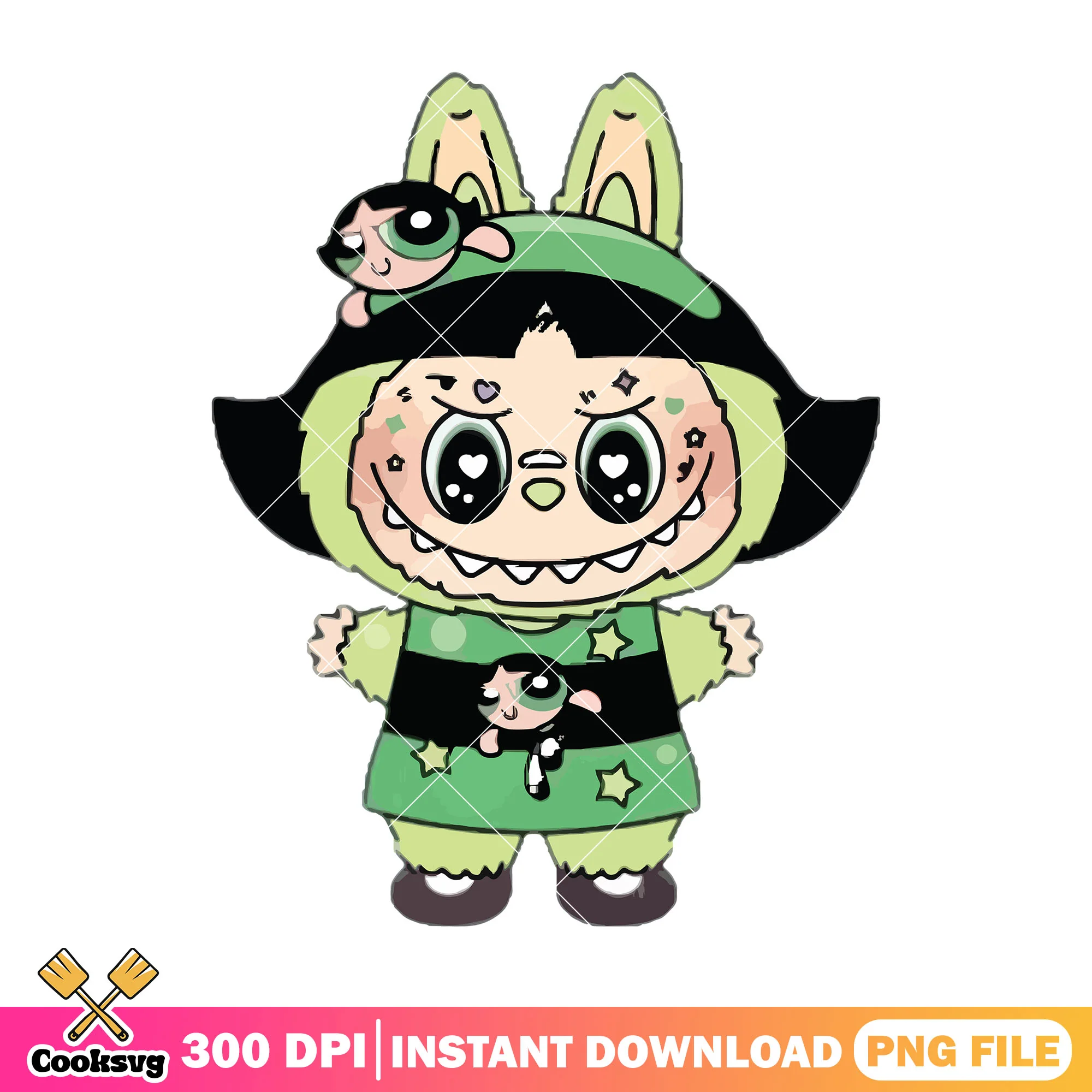 Labubu buttercup outfit png, labubu green png, labubu plush png
