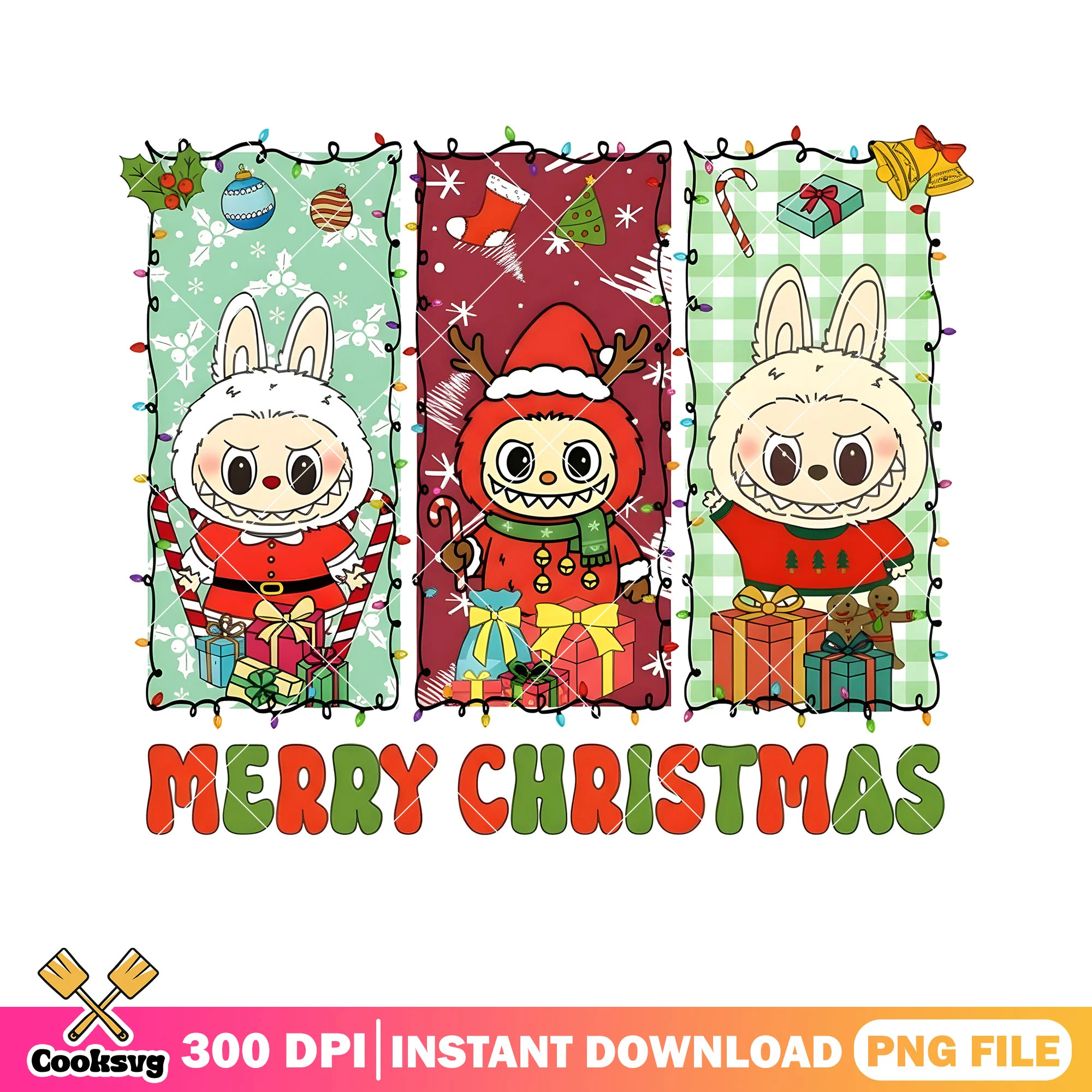 Labubu christmas png, santa costume png, christmas gifts png