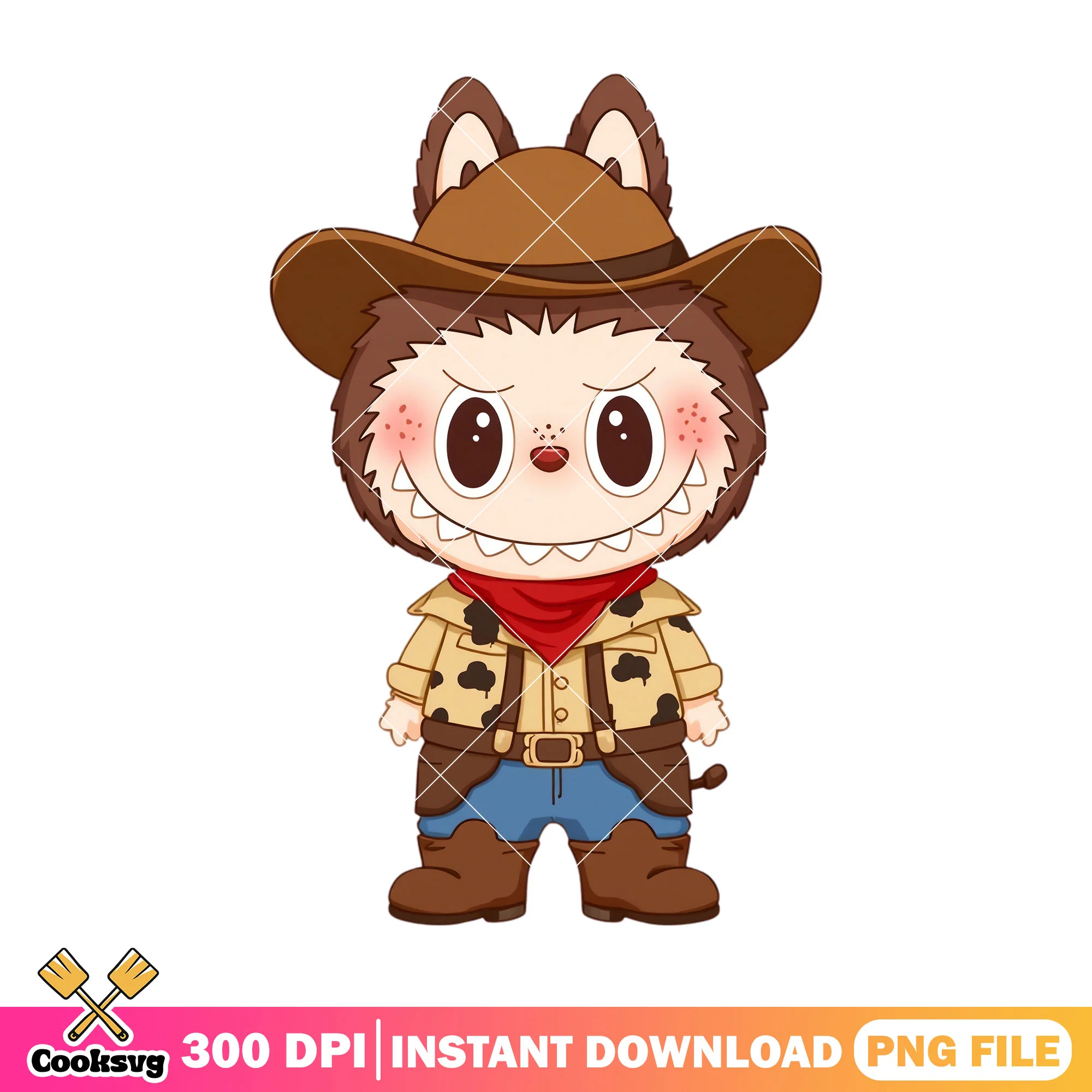 Labubu cowboy design png, labubu costume png, labubu brown png