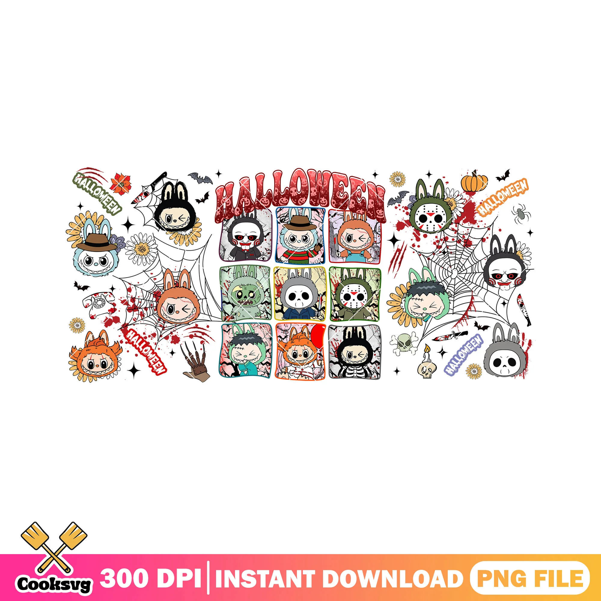 Labubu creepy halloween masks png, horror dolls png, labubu costumes png