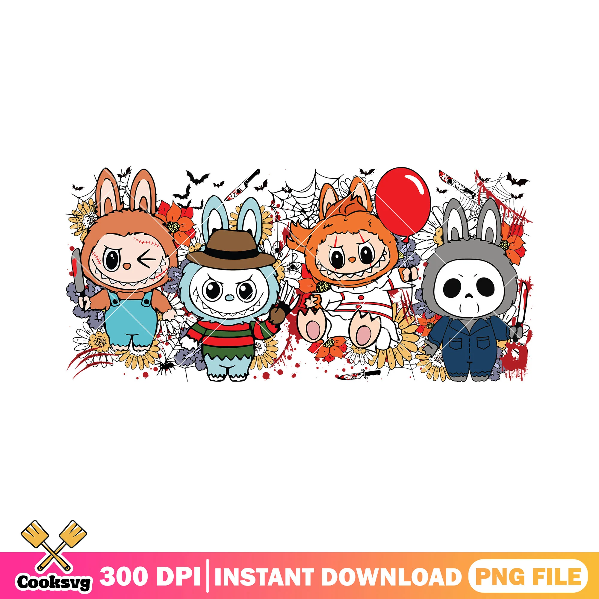 Labubu creepy horror figures png, happy halloween png, horror dolls png
