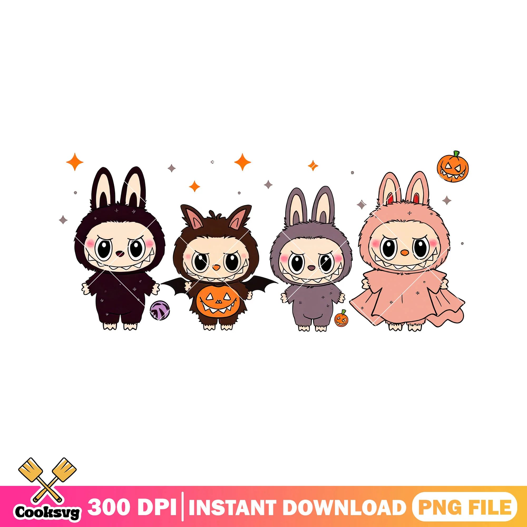 Labubu different outfit png, labubu halloween png, labubu friends png