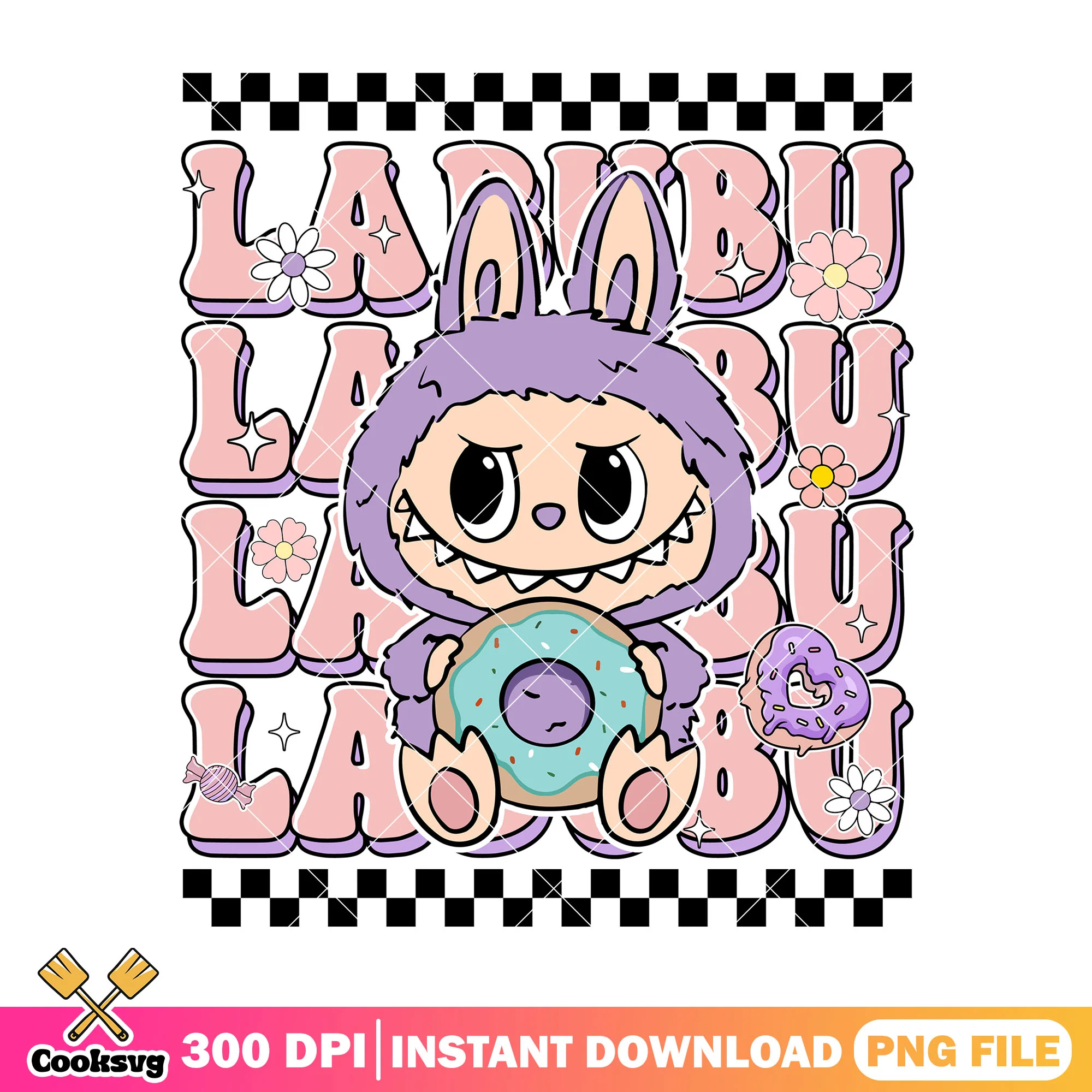 Labubu eating donut png, labubu purple png, labubu popmart png
