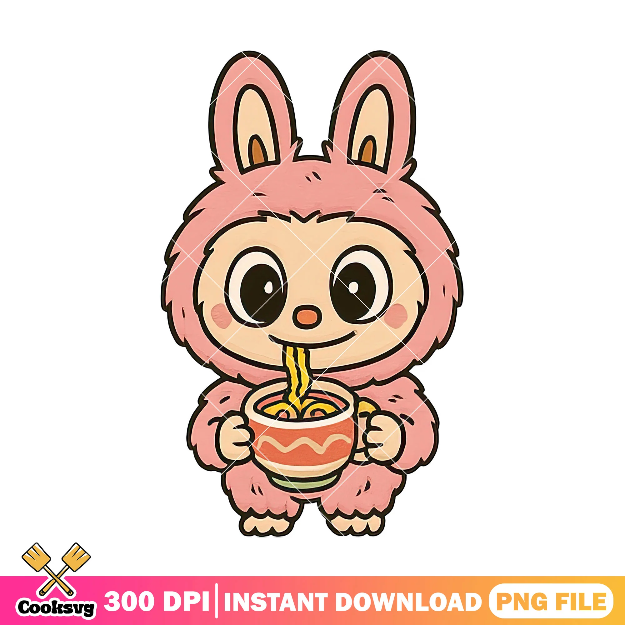 Labubu eating noodle png, labubu happy png, labubu popmart png