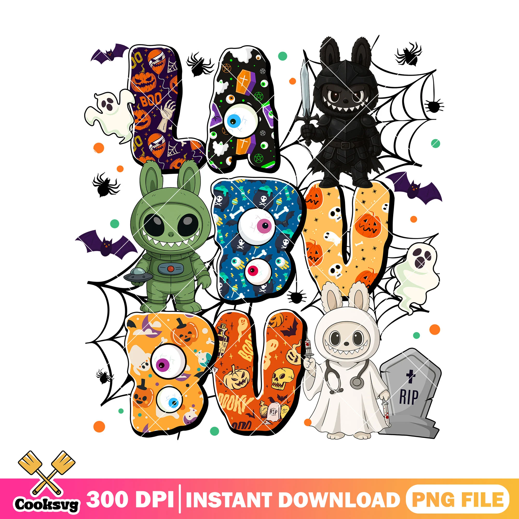 Labubu fearsome friends png, dolls halloween png, halloween fun png