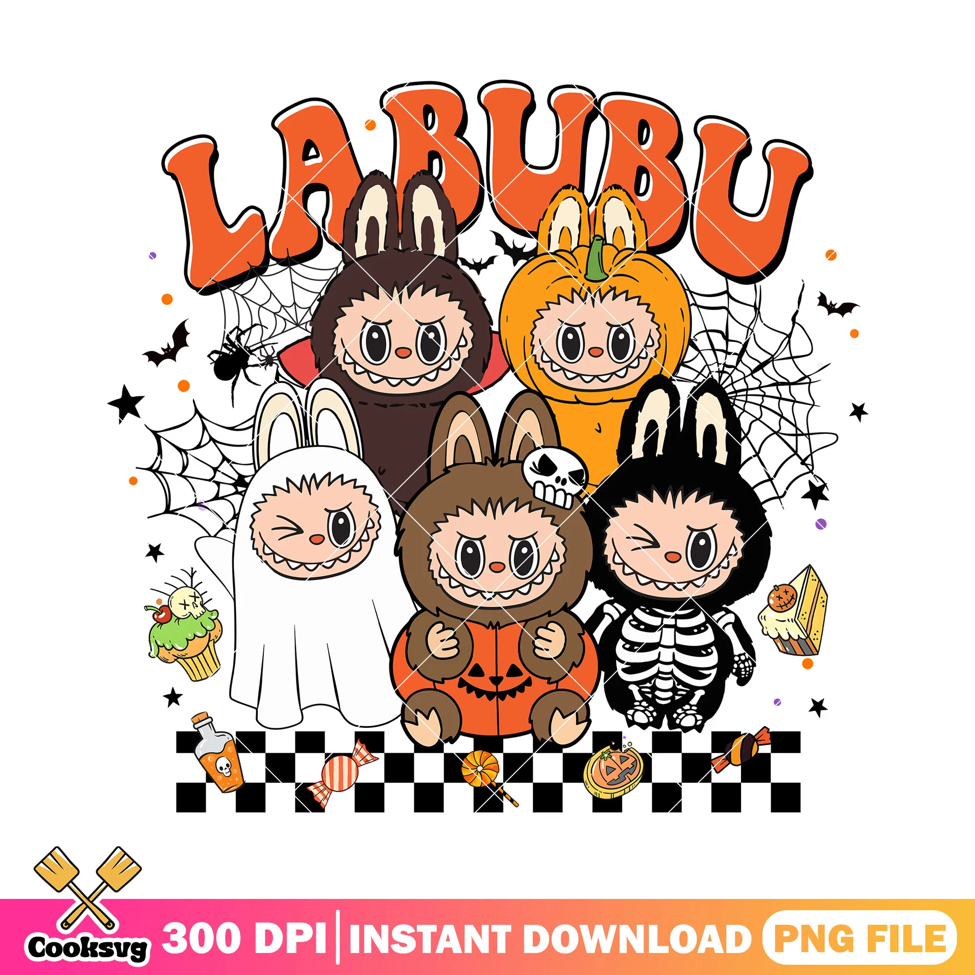 Labubu horror team back png, happy halloween png, labubu doll png