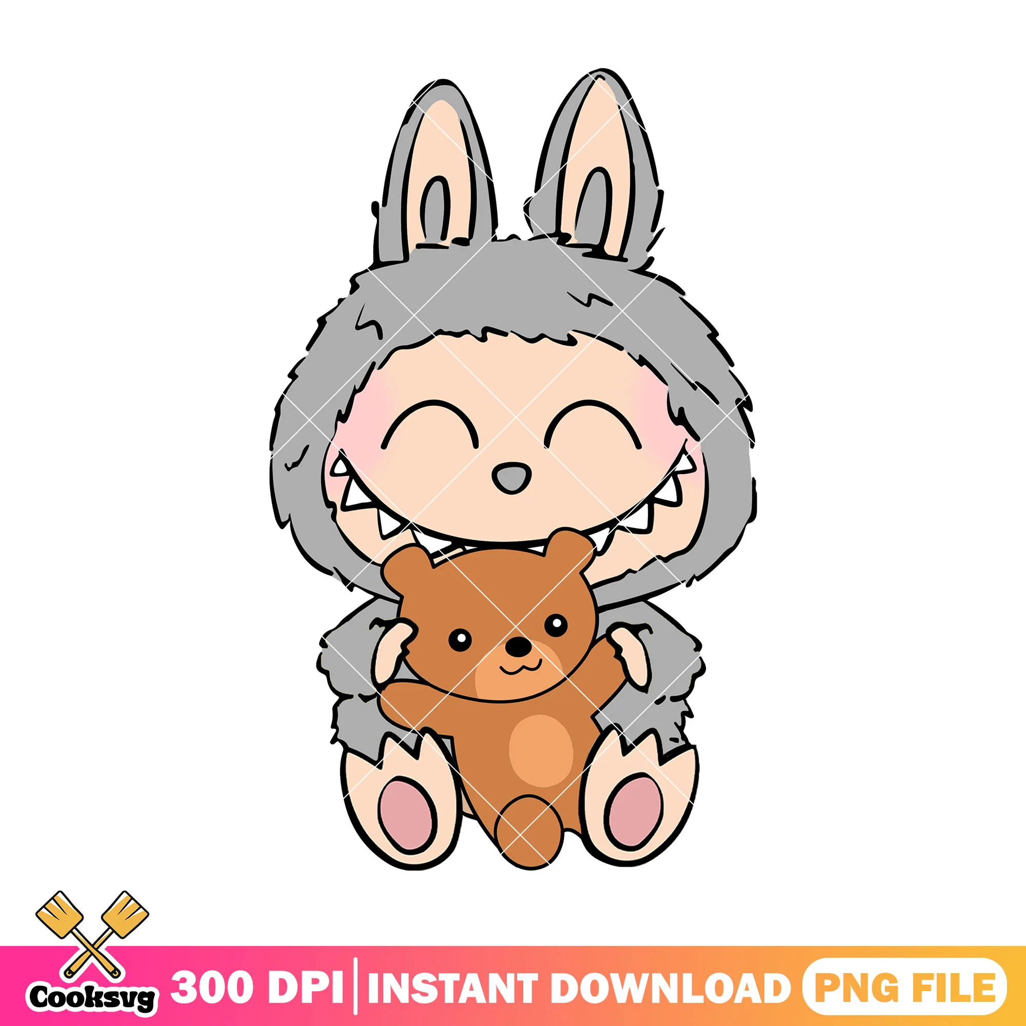 Labubu hugs bear doll png, labubu grey png, labubu cartoon png