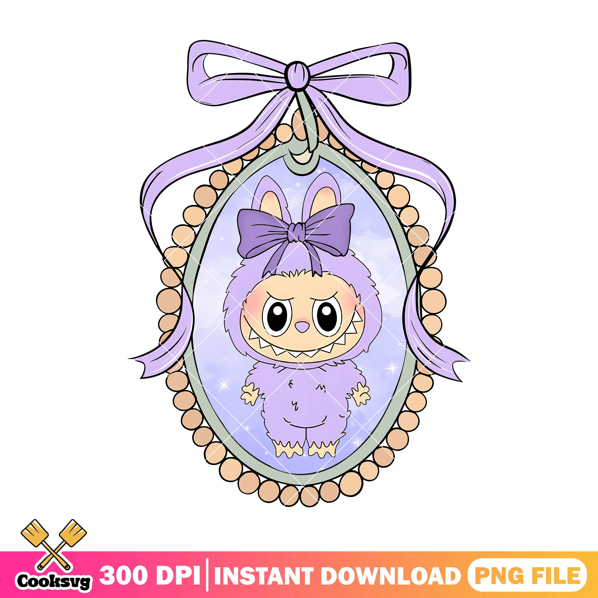 Labubu in oval frame png, labubu purple png, labubu popmart png