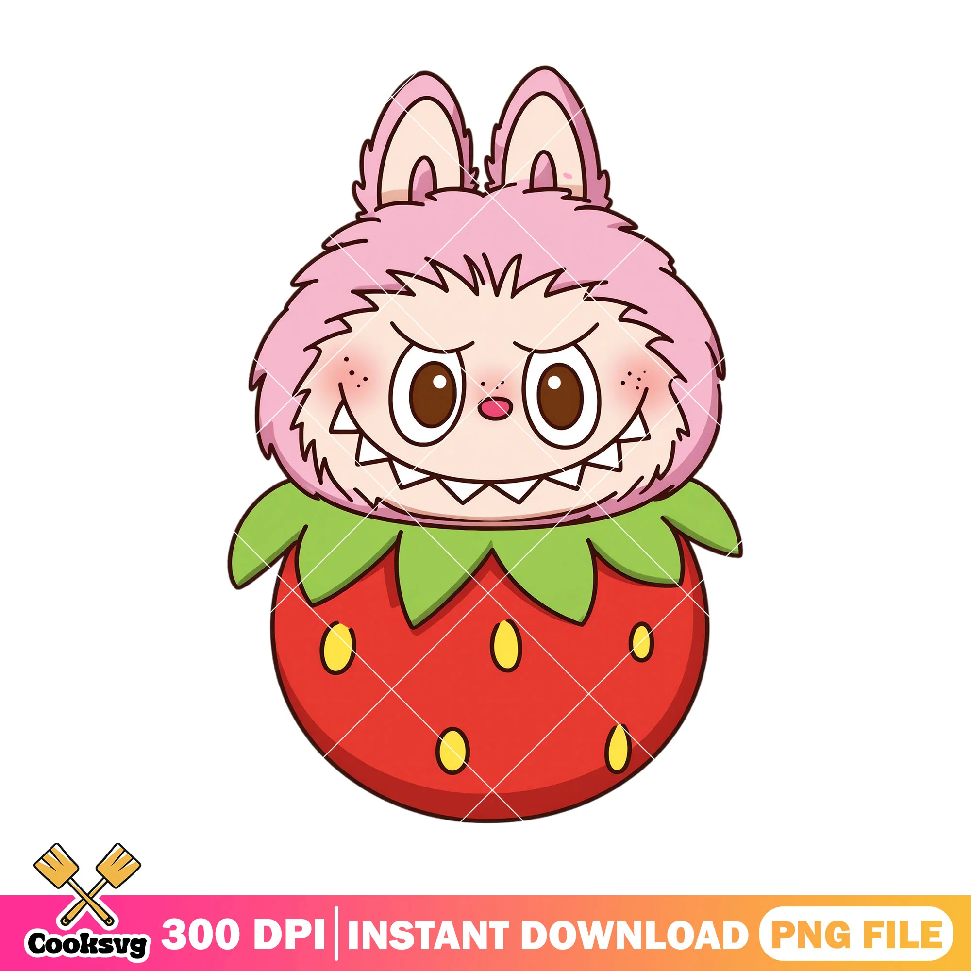 Labubu in strawberry png, labubu pink png, labubu happy png