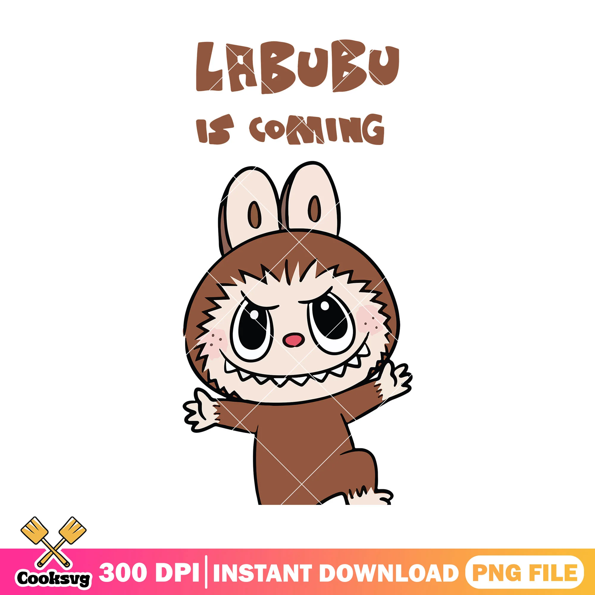 Labubu is coming illustration png, cute labubu png, labubu brown png