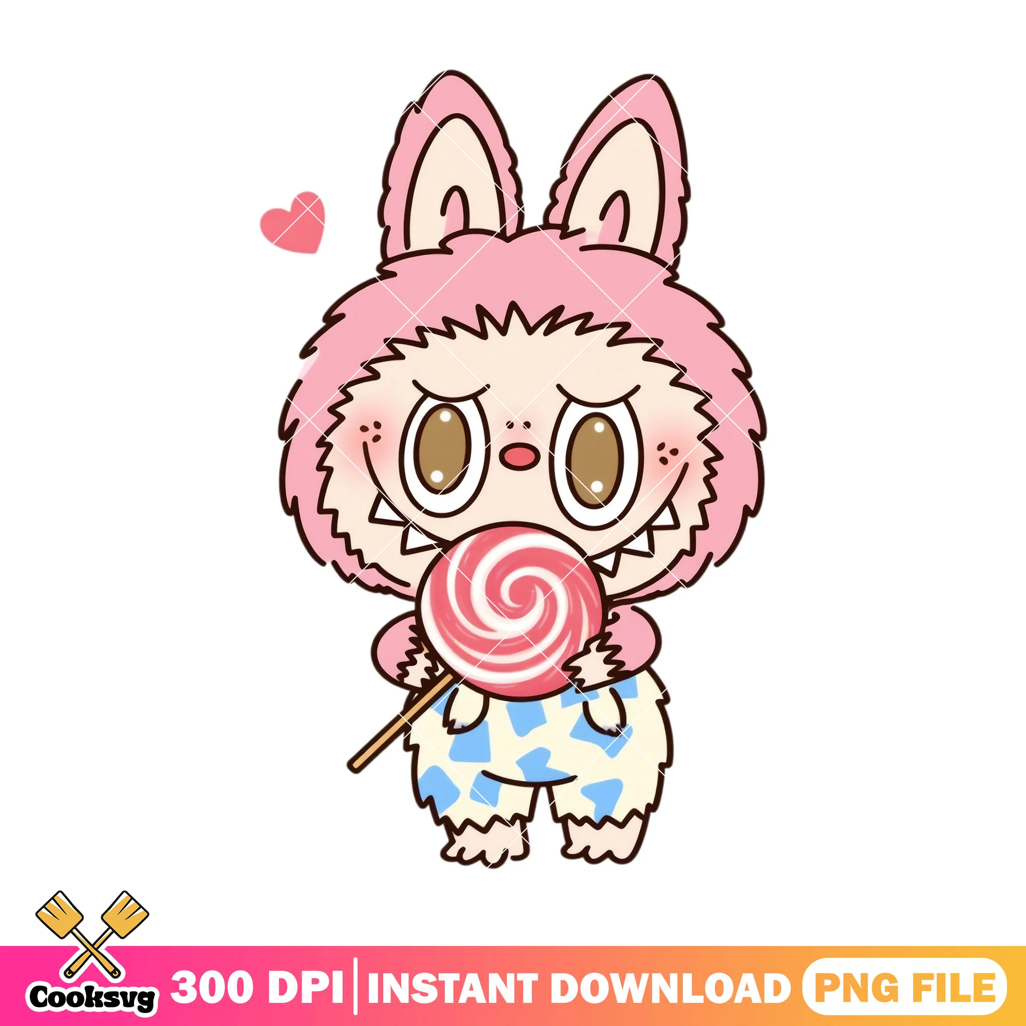 Labubu loving lolipop png, labubu happy png, labubu pink png