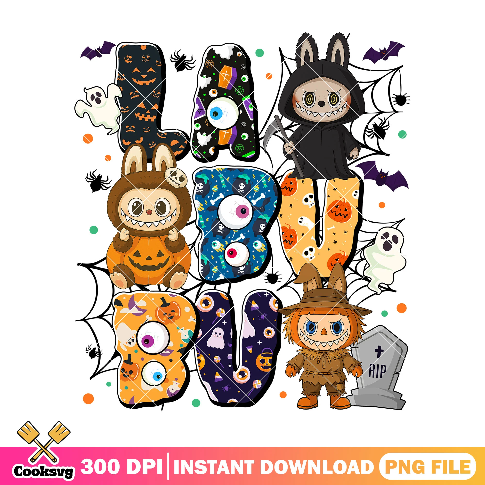 Labubu monster theme png, happy halloween png, labubu halloween png