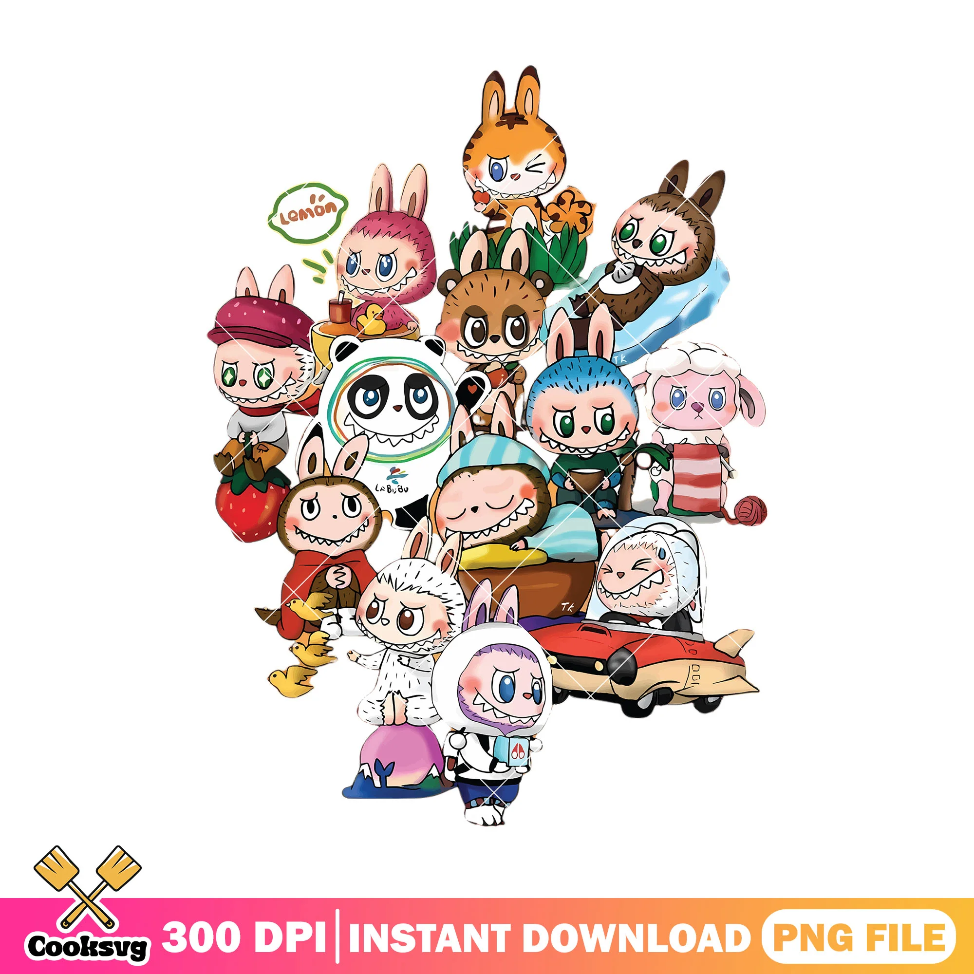 Labubu monsters different outfits png, labubu bf png, labubu art png