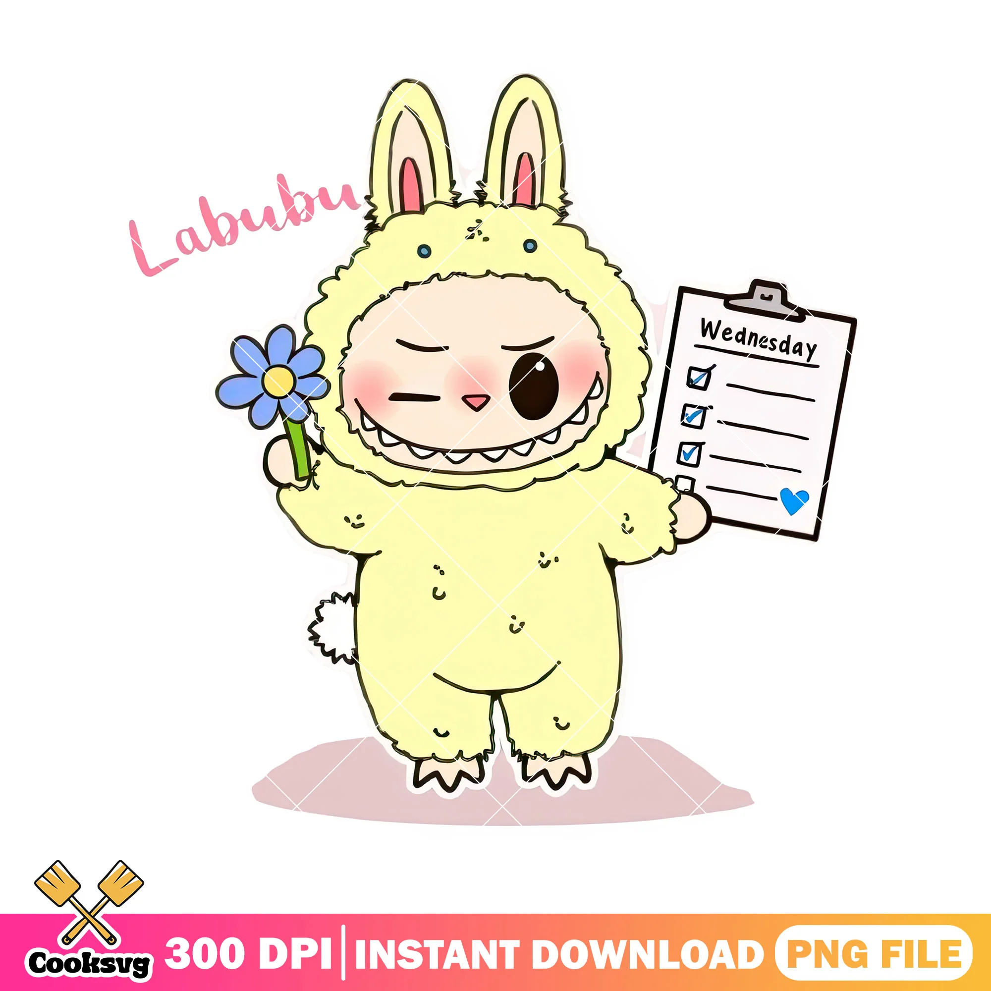 Labubu on wednesday png, labubu yellow png, labubu standing png