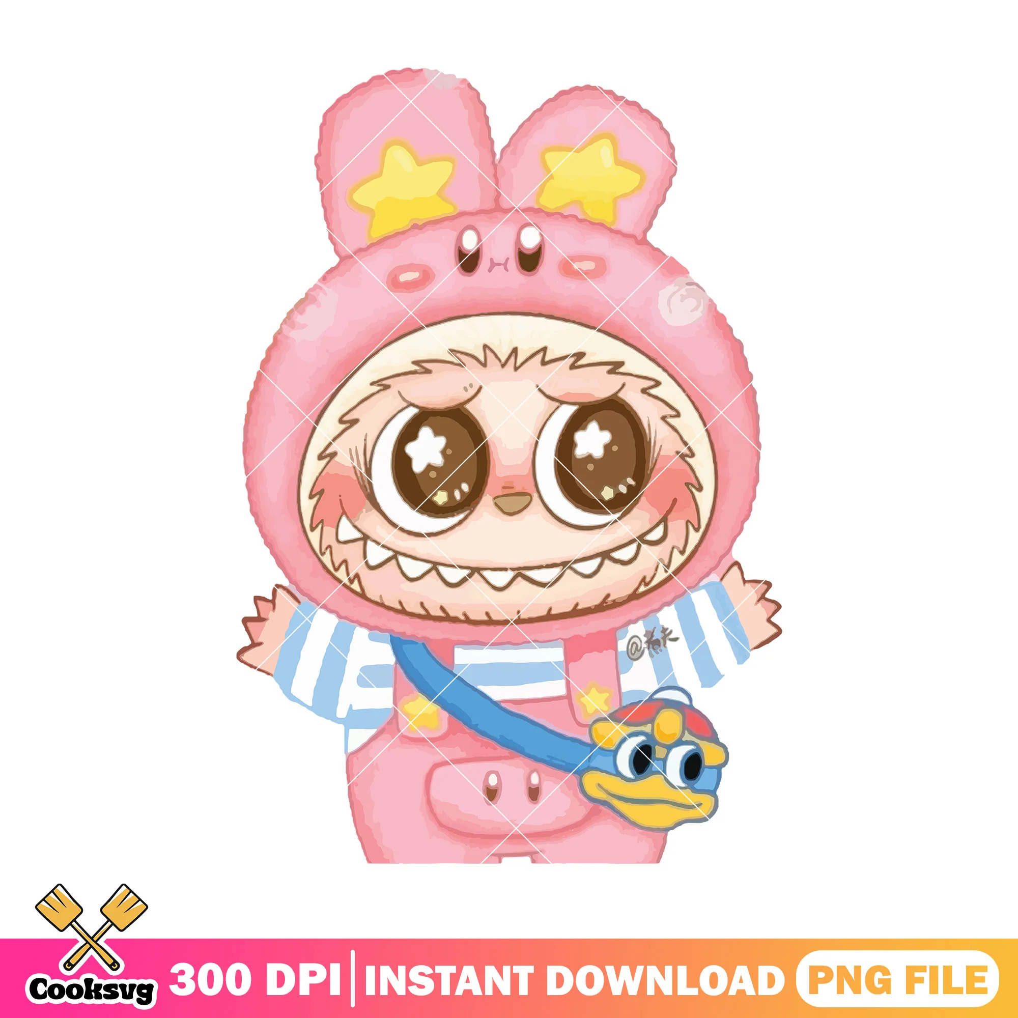 Labubu pink rabbit outfit png, labubu happy png, labubu art png