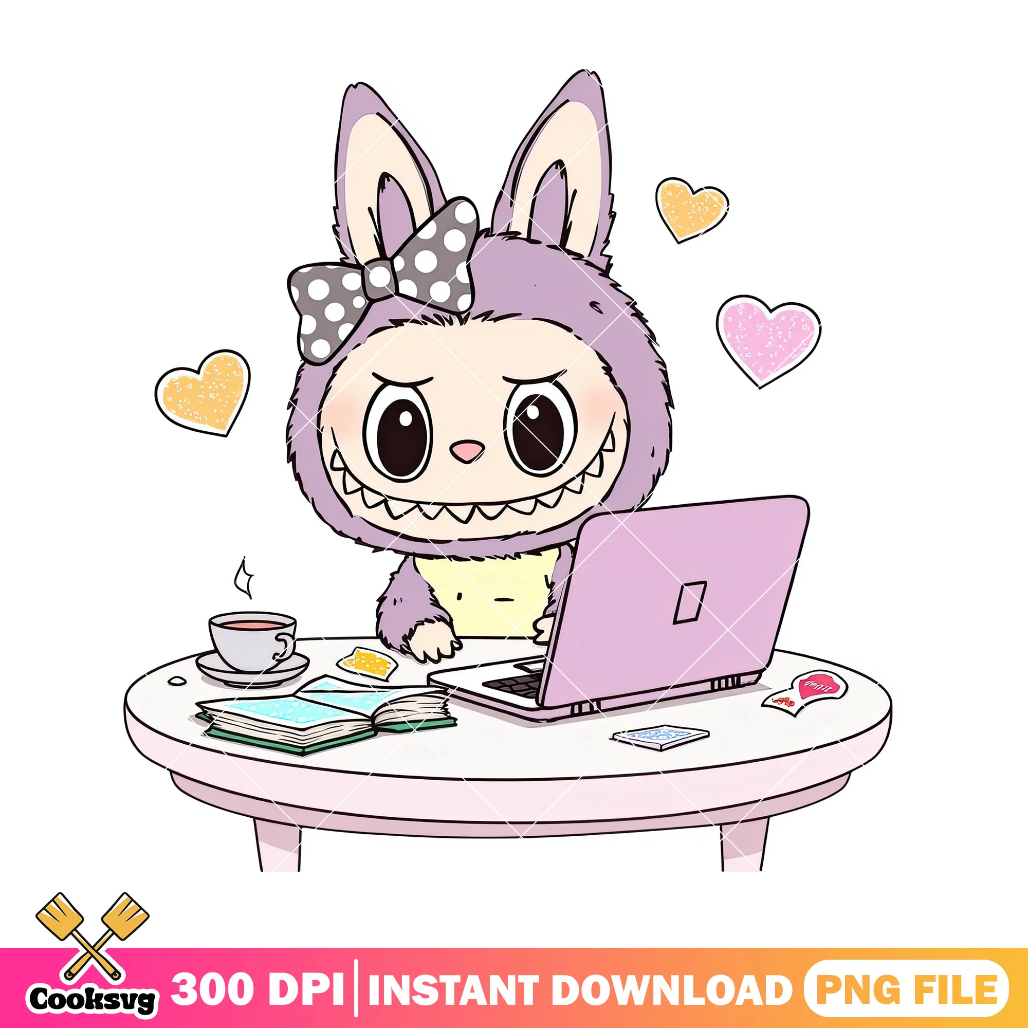 Labubu playing laptop png, labubu girl png, labubu purple png