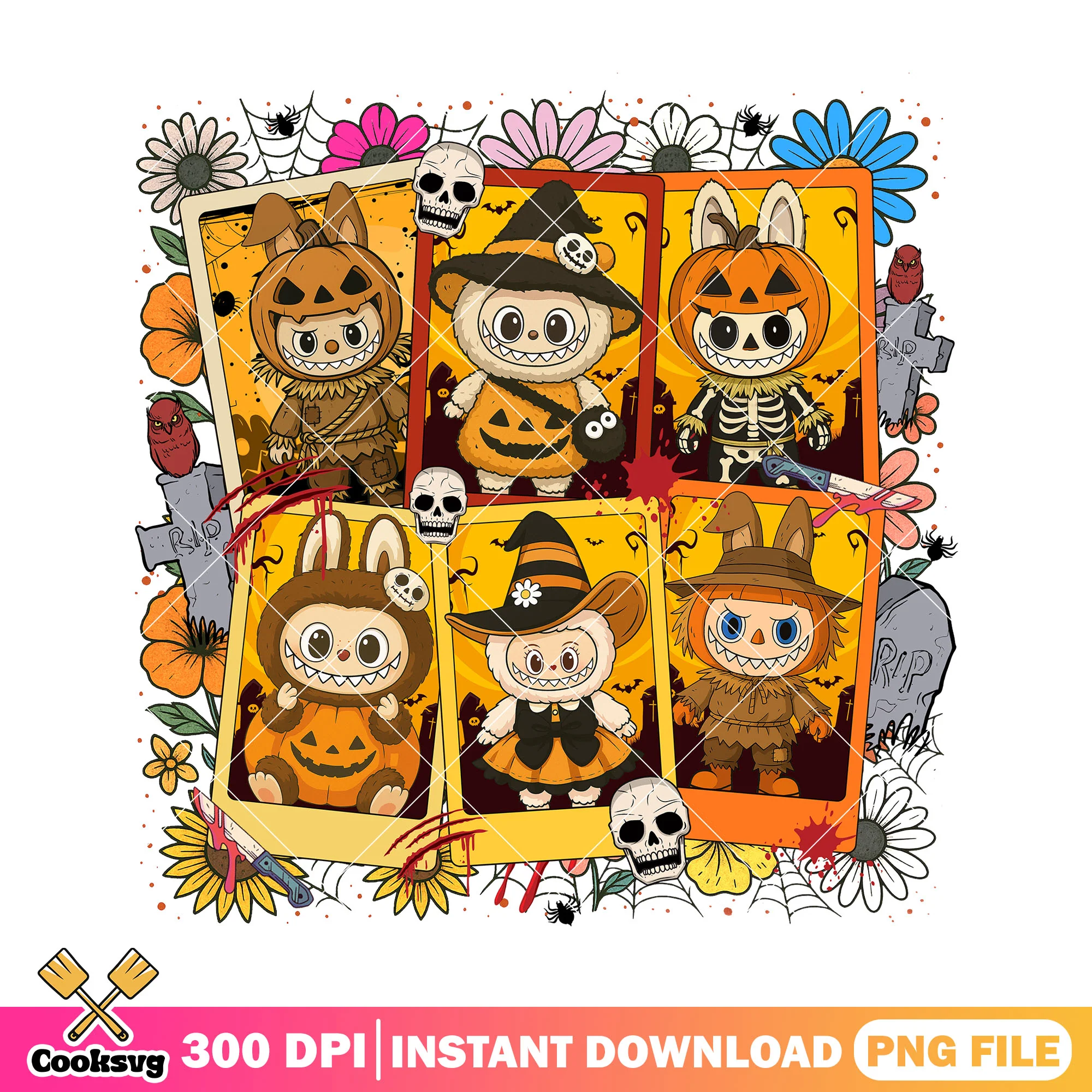 Labubu pumpkin costumes halloween png, horror doll png, cute doll png
