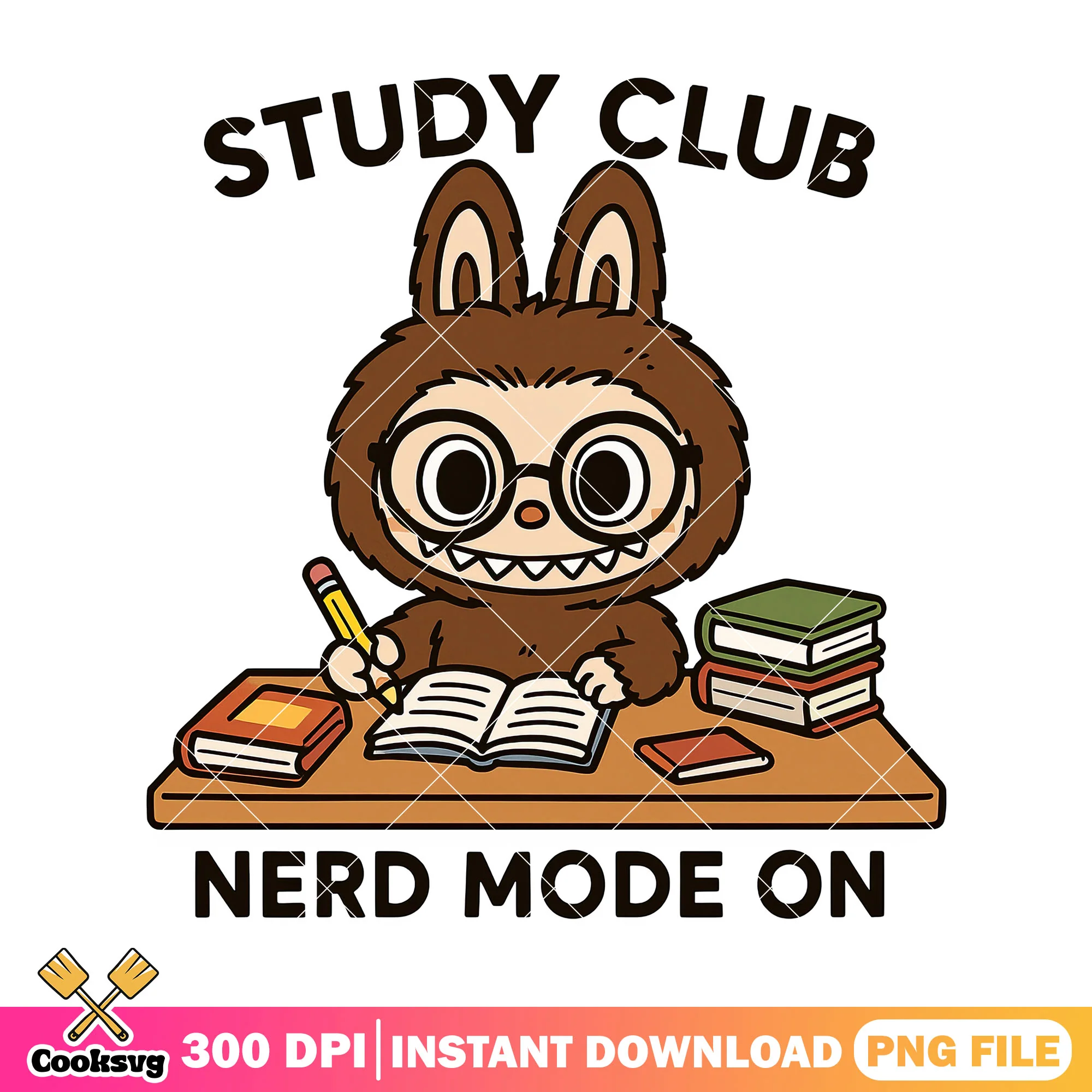 Labubu read study club png, nerd mode on png, labubu read png