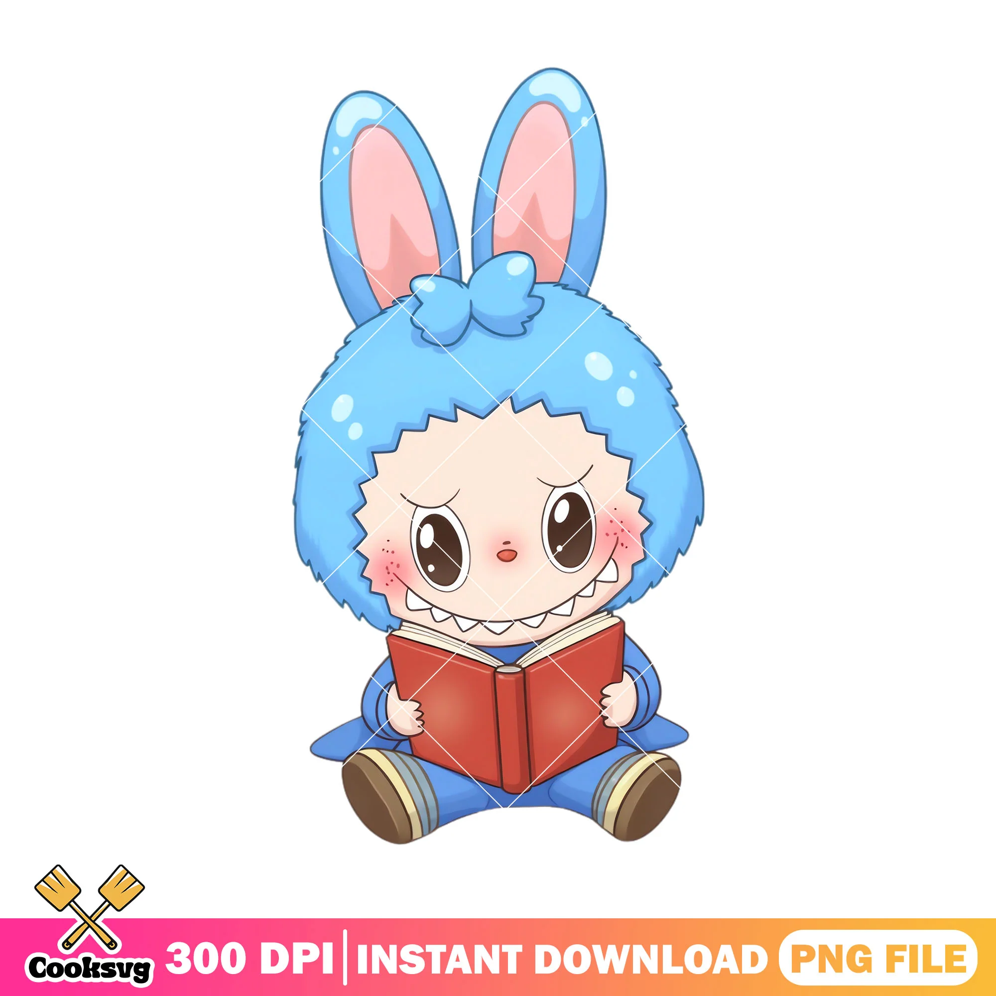 Labubu reading design png, labubu blue png, labubu sitting png