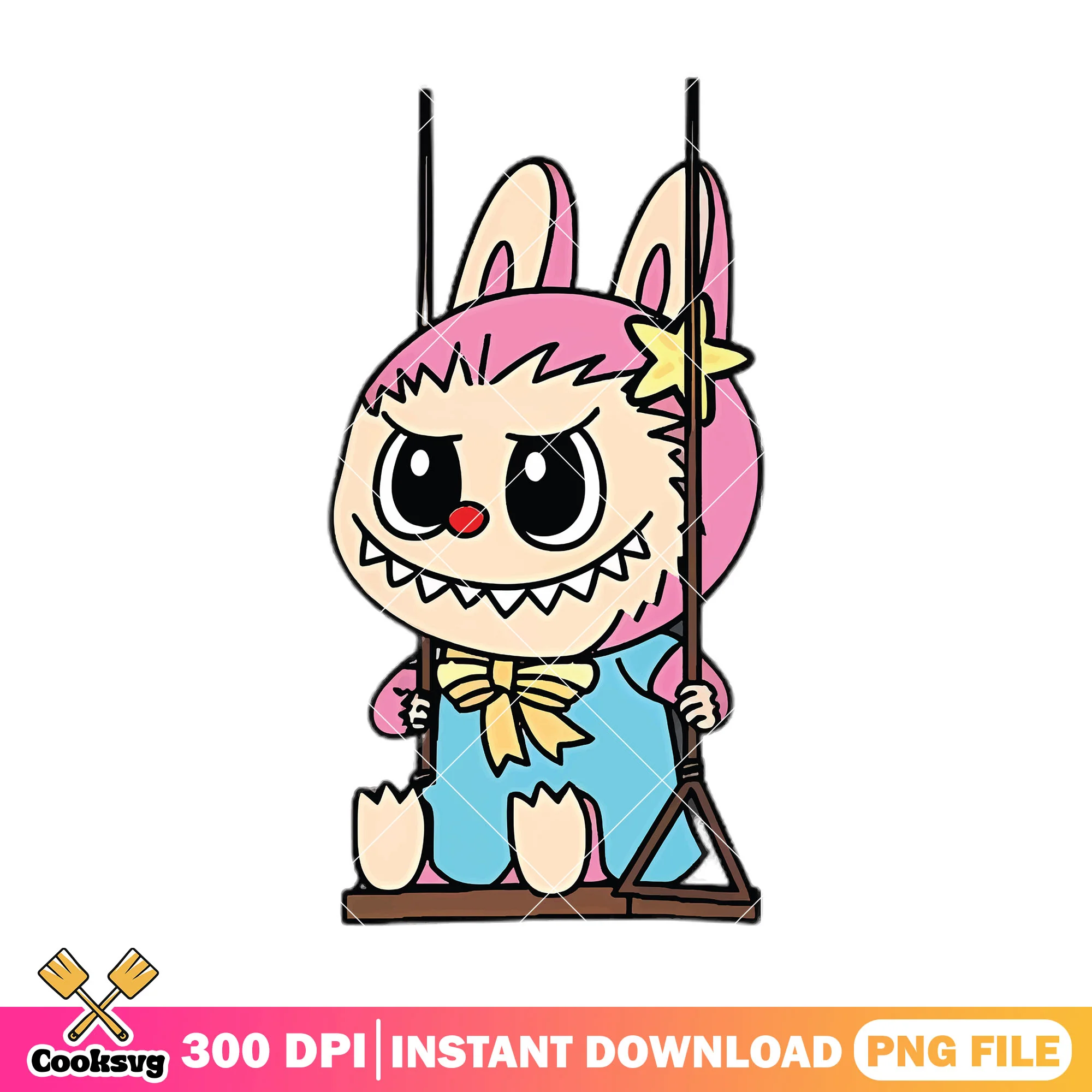 Labubu sitting on the swing png, labubu pink png, labubu girl png