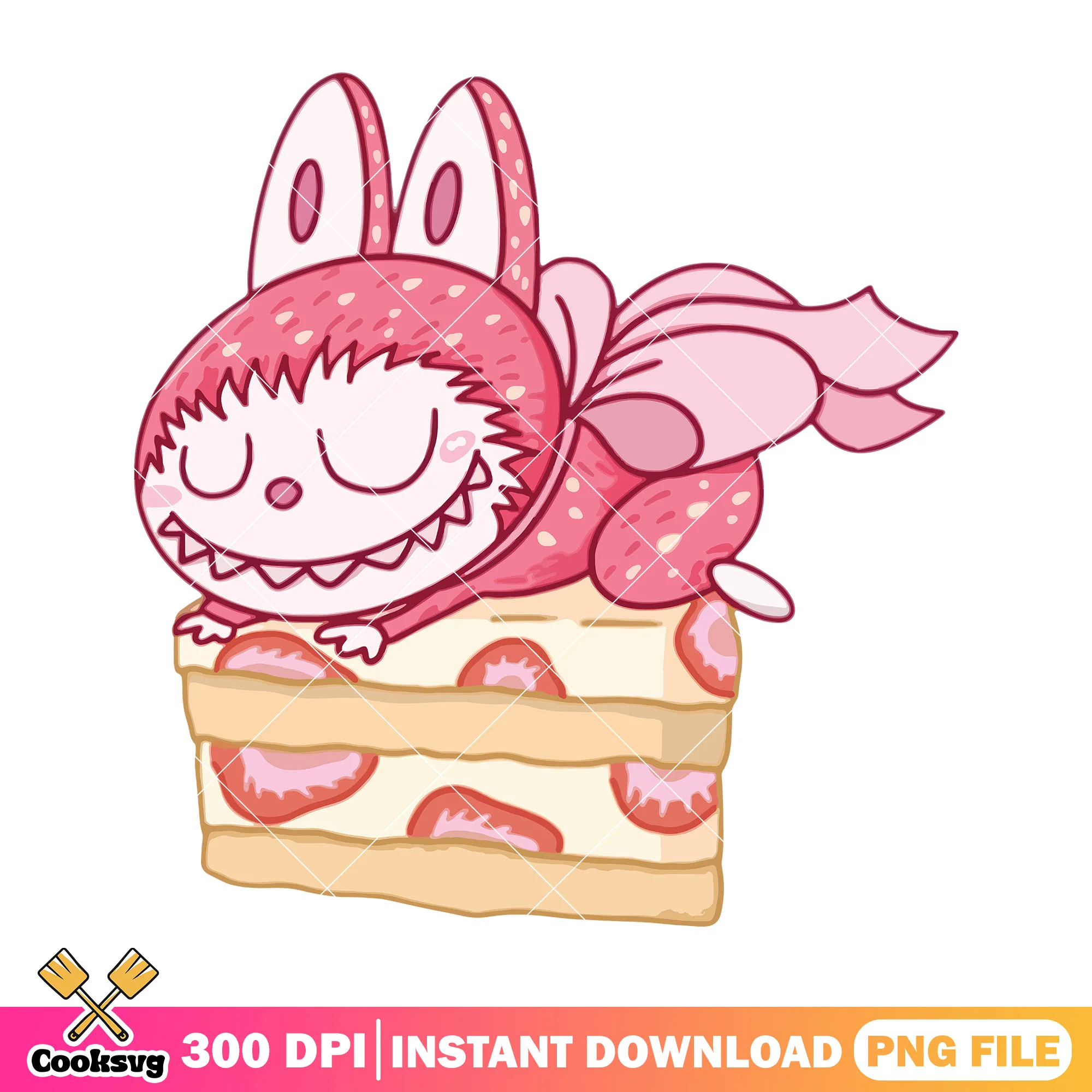 Labubu sleeping on a cake png, labubu pink png, labubu monster png