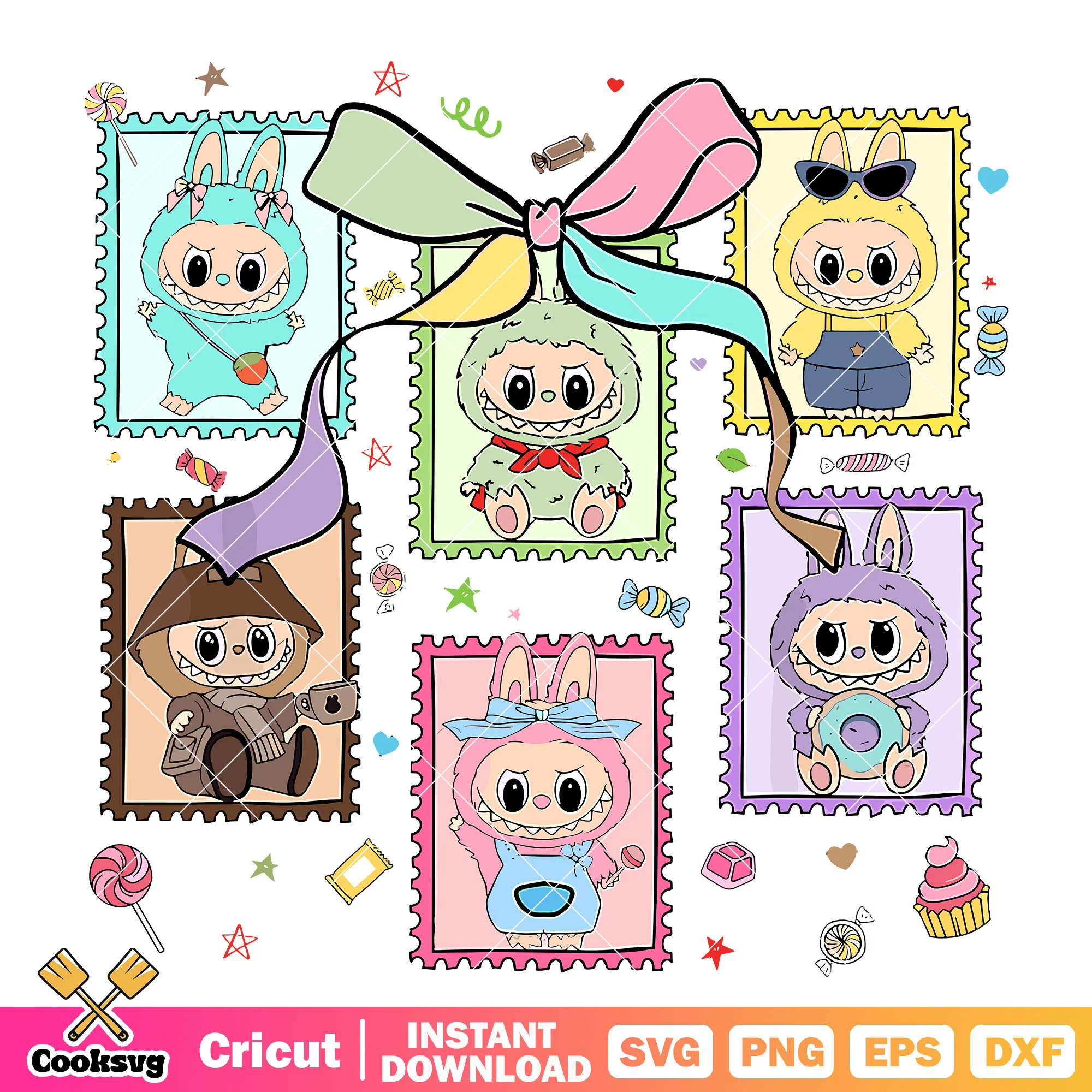 Labubu Stamp Gallery Svg, labubu with bow svg, labubu vibes svg