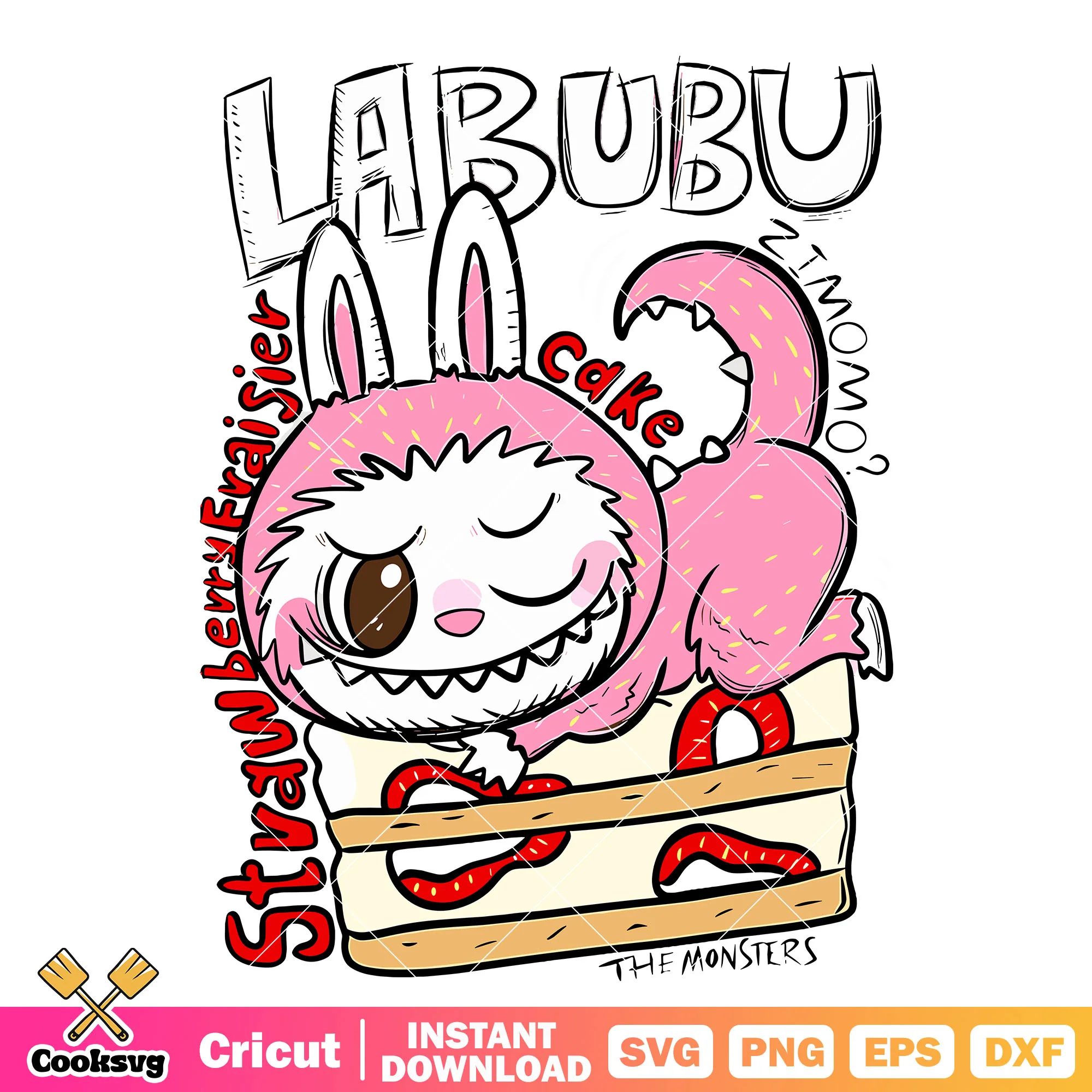 Labubu strawberry cake svg, labubu cake svg, pink labubu svg